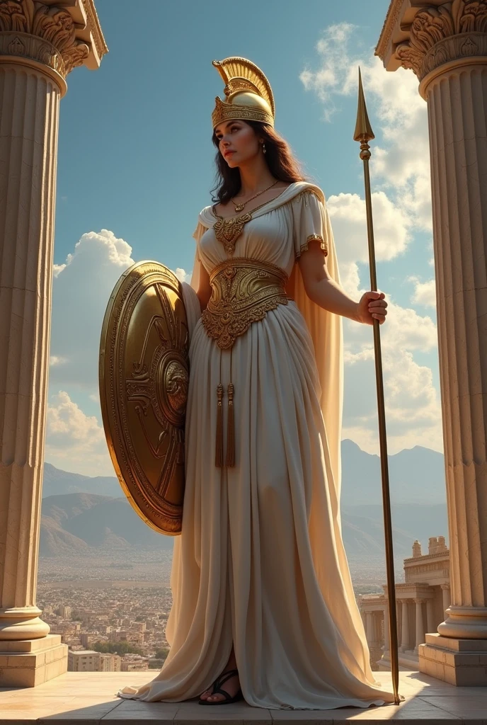 Create a highly detailed and realistic image of the Greek goddess Athena standing amidst ancient ruins. She is dressed in flowing, elegant white robes, with a golden trim, and holds a shield emblazoned with the face of Medusa in one hand. In her other hand, she wields a long spear with a golden tip. Athena's expression is calm and resolute, and she wears a golden helmet adorned with a red plume. A wise owl flies near her, symbolizing wisdom, and the background features the remnants of an ancient temple, with columns and stone debris, bathed in soft, ethereal light. The overall atmosphere is serene and powerful, with a subtle mist enveloping the scene, adding a mystical quality to the image, face closeup