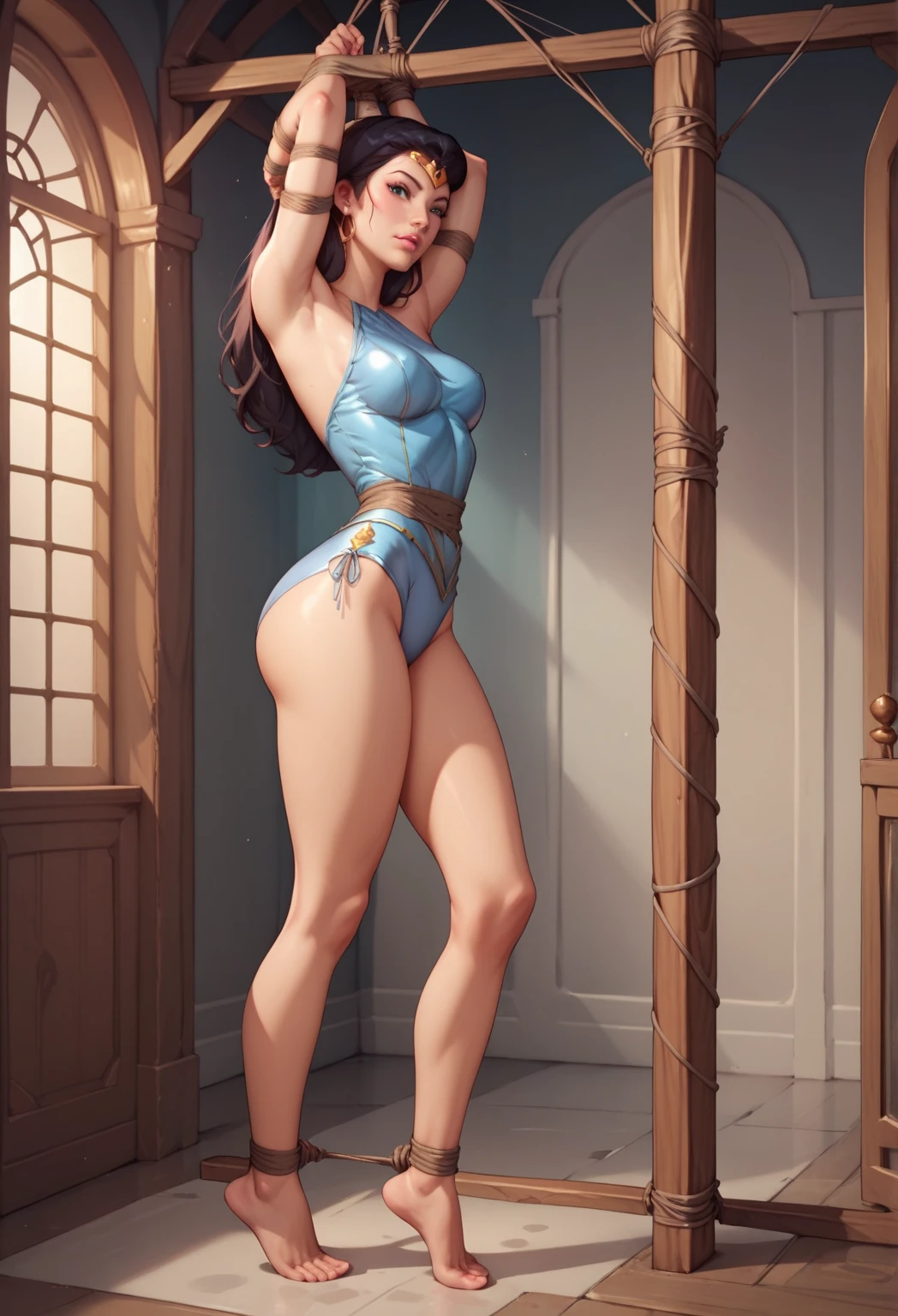 (), (arabian girl:1) perfect face, (chubby:1.3) child in saree perfect full HDR body exposed midriff highleg loli flat chest curvy indian armpits bellydancer 8k  high res knees ankles , royal skimpy underwear, cleavage (shiny skin:1.7) depth of field (full body shot) (high heels) (blue skin:1.7) (dungeon:1.4) (cotton bra:1.3)