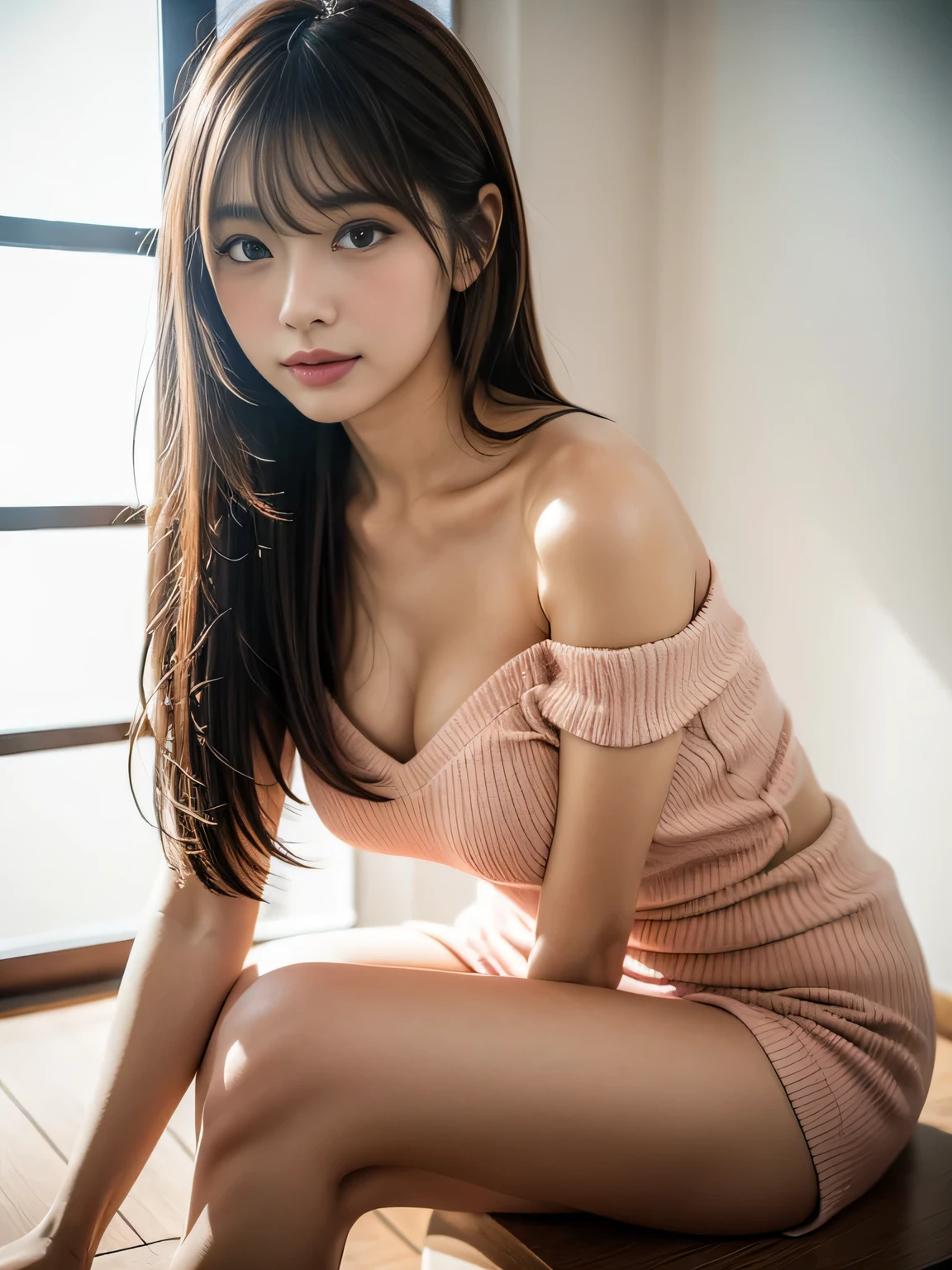 Best Quality, masutepiece, 超A high resolution, (Photorealistic:1.4), Raw photo
,(((Spread your legs, Sit with your knees bent)))),Full body shot,(A detailed face),(25 years old)、a beauty girl、
,Natural makeup,1womanl,Brown hair,Medium Hair,Asymmetrical hair,asymmetrical bangs, slender,medium breasts,Cinematic lighting,
