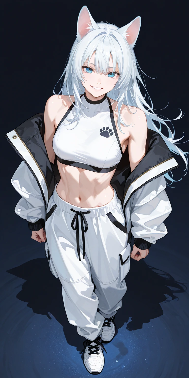 black hair, colored inner hair, streaked hair, black hair, silver hair，silver hair, single sidelock, hair strand, absurdly long hair, star-shaped pupils, gradient eyes, shiny hair, one side up, anime style, anime style, UHD, UHD, 4K，Manteau，hot pant，perfect bodieig breast，big breasts body，figure，Black motorcycle vest，Shao Baitou，black and white hair color