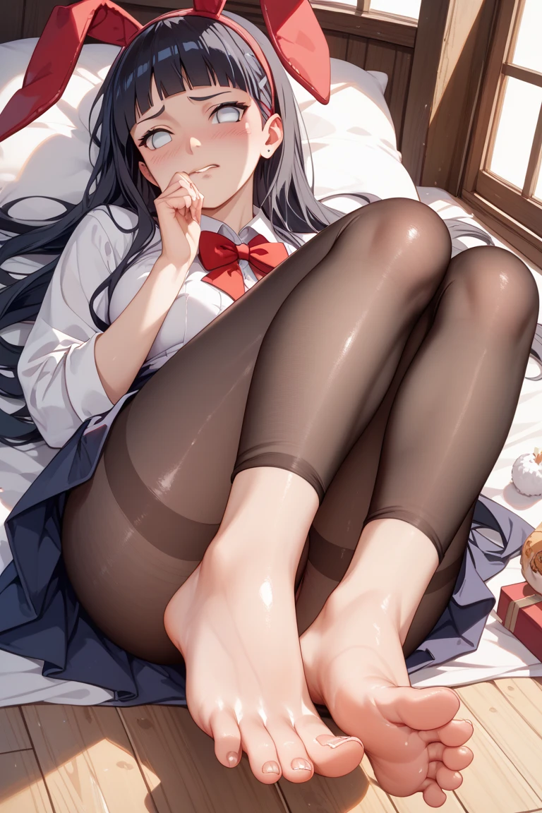 nsfw, 1 girl, solo, black hair, long hair, black sailor dress, black pleated skirt, white pretty panties, (background: bedroom bed), legs up, legs up showing panties, beautiful big tits: 1.3, embarrassed face, blush, beautiful girl, sweaty wet skin, gravure pose, focus on crotch, sunset High Quality, High Definition, Detailed, Masterpiece