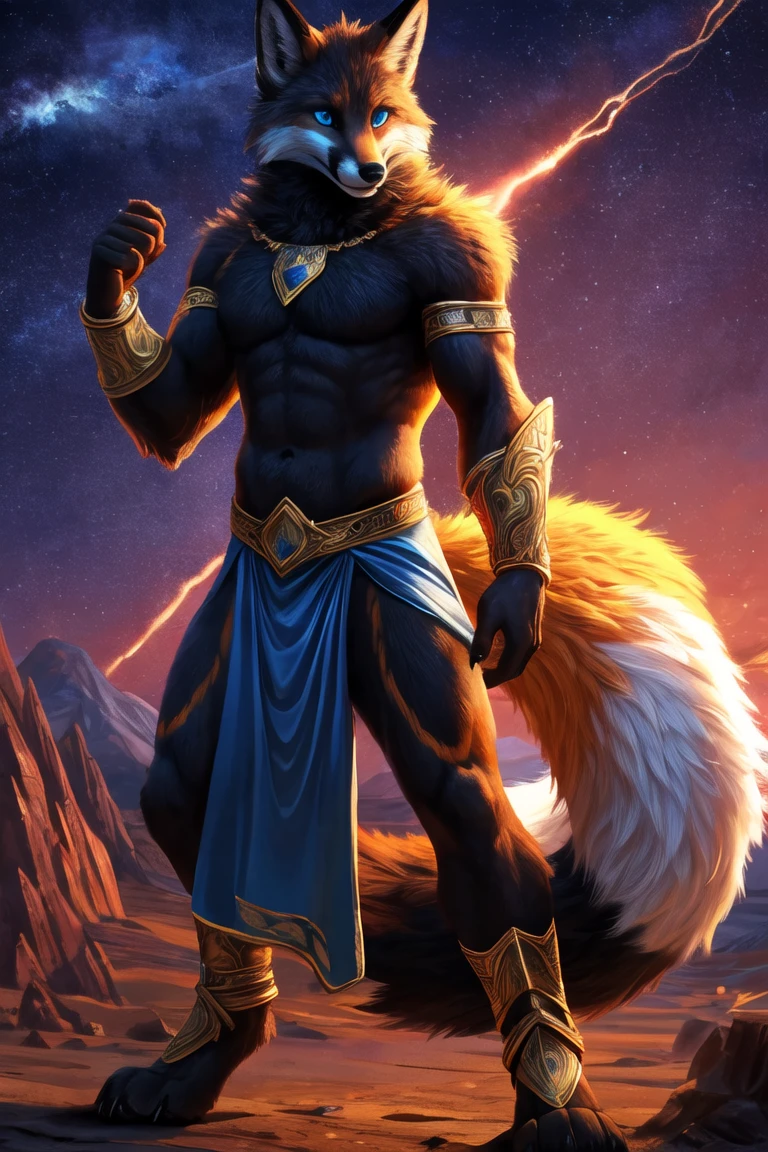 solo,anthro,furry,furry male,indigo wolf,(twin braids:1.1, braids on chest,),(red mohawk),((fluffy fur,fluffy,furry body)),(wolf print),(Galaxy skin:1.3), (Galaxy fur:1.3),muscular, glowing flaming beard, fur trimmed hood, red stripes, indigo wolf print), white robes revealing body, indigo body,red markings, yellow eyes,red stripes,fluorescent red stripes,tail,detailed fluffy fur,detailed face,detailed eyes,(huge pectorals:1.2), Holding a star in hand, crystal accessories on the twin braids, wearing a gold decorative sleeveless jacket,decorative pendants and decals on the jacket, beard, red beard,(thick braids around neck:1.2),bare chest,(nipples),full body,(by racoon21, by null-ghost, masterpiece,high quality,hi res,8k hd),standing,close-view portrait,looking at viewer, godly pose,