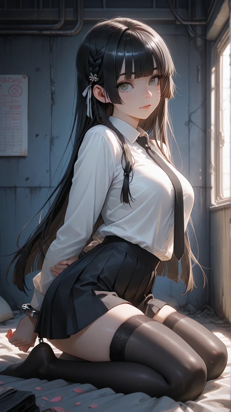 ((in 8K)), ((Raw photo)), ((best qualtiy)), High-definition raw color photos, professional photograpy, (Realistic:1.37), (photographrealistic:1.37), ((best qualtiy)), 18-year-old woman, (finerly detailed face:1.2), (best qualtiy:1.2), Retrospective Shots、from the rear, low angles, from behind, Cinematic lighting, Perfect Style, Beautiful face, acurate, Anatomically correct, Highly detailed face and skin texture,
(Skirt lift:1.4), Loose and wrinkled white panties, Exposed cleavage、Leaked sperm、Sperm taken、cum shots、
red blush、humiliated、impatience、dismay、Frightened、glares、is crying、embarrassed from、Stockings、18year old、Neat and clean woman、1 persons、
(High School Girl Uniform Details:1.5),full of sweat、Long brown-black hair、Blue eyes、Narrow toilet、Squatting