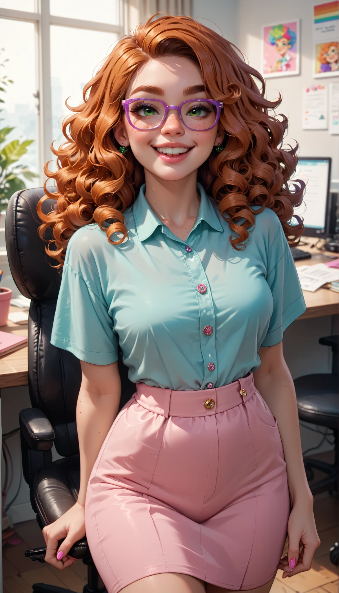 sexy and cute girl, long ginger curly hair, big green eyes, thick eyebrows, purple glasses, pink cute lips, buck teeth, freckles, short rainbow clothes, hottie body, full body, in the office