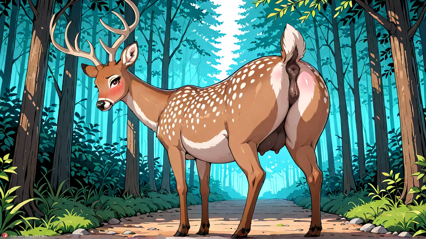 Artwork by raptoral,white spotted deer, feral,male,seductive, solo,sheath,balls,(detailed eyes),balls tuft,intimidate,dominant,seductive,confident,spreading legs,solo,bent over,showing butt seductive (big fluffy balls) (sexy detailed anus) (backsack view:1.2) (by zackary911) (by hioshiru) (by plattyneko) (detailed drawing) (erect deer animal penis with) (ass focus) (anus focus) (cum dripping from anus) (small deer tail) (white spots on butt) (big beautiful detailed eyes) (seductive eyes)