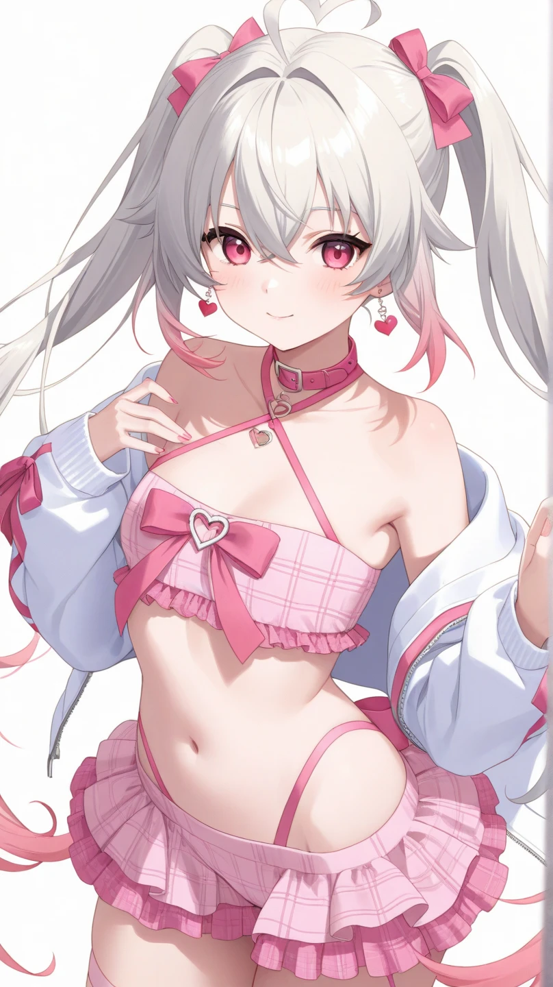 NSFW,having sex,Riding on a naked man,small breasts,silver hair,hair above one eye,pink eye magical girl costume)),removed sleeve,beret,ribbon,Heart Pendant,earring star piece,white background,simple background,best image quality,highest quality