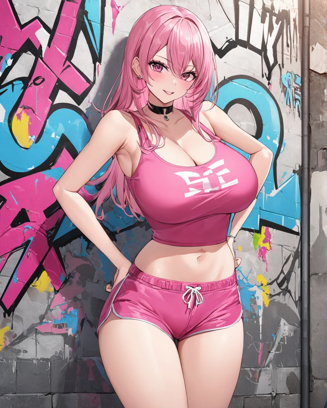 1 girl, solo, breasts, looking at viewer, blushing, smiling, open mouth, bangs, knee-high socks, belly button, cleavage, pigtails, collarbone, pink hair, ahoge, short, shorts, leather collar, black knee-high socks, pink eyes, shorts, bell, denim, reel, denim shorts, micro shorts, bursting breasts, boob , red backpack,