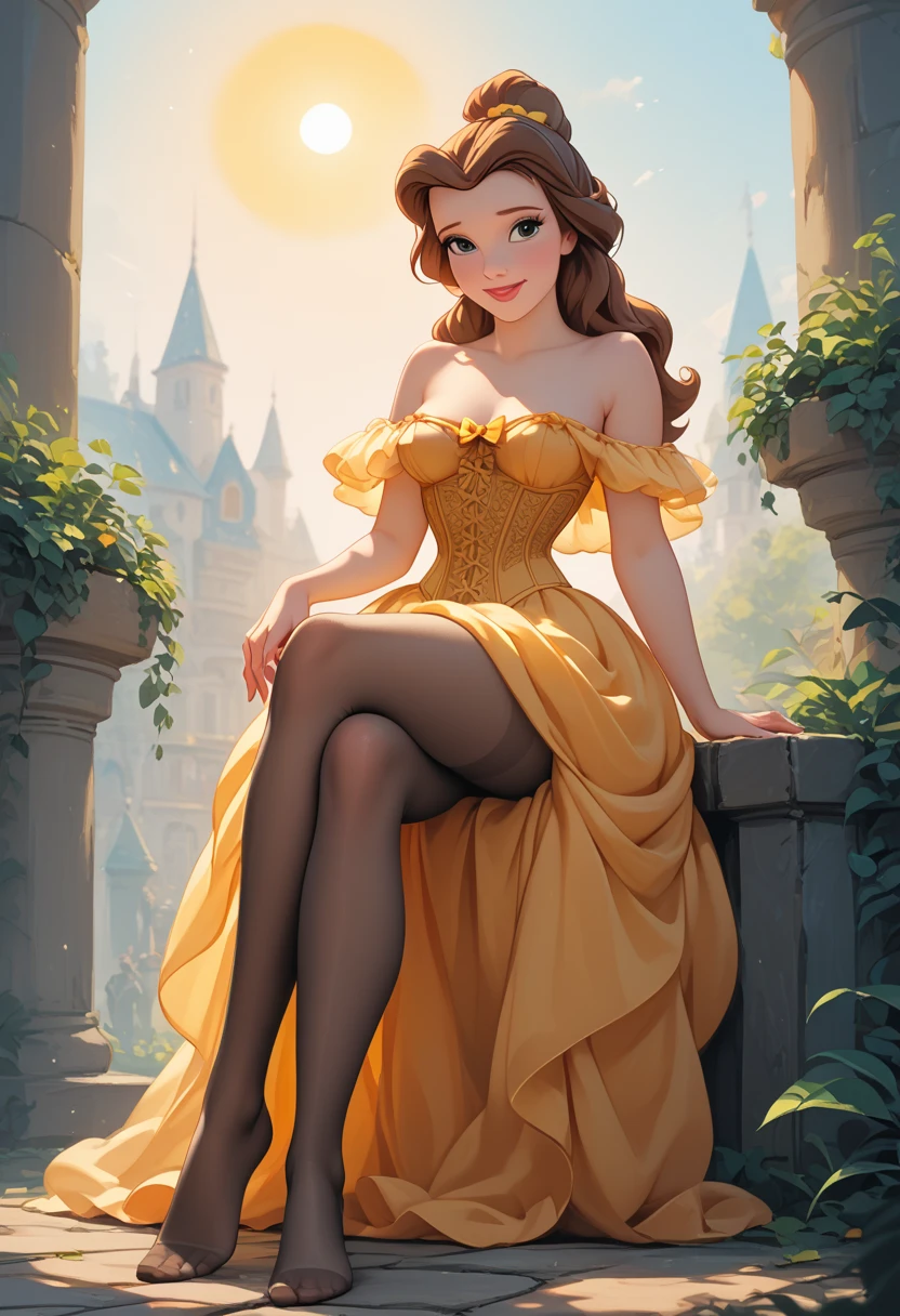 (BelleWaifu:1), surprised, handsome, handsome pose, looking at the viewer, thick thighs, (long yellow dress:1.2), (hair bun, tiara) :D, curvy, (holding a red rose:1),

(realistic: 1.2), (realism), (masterpiece: 1.2), (best quality), (ultra detailed), (8k, 4k, intricate), (full-body-shot: 1), (Cowboy-shot: 1.2), (85mm), light particles, lighting, (highly detailed: 1.2), (detailed face: 1.2), (gradients), sfw, colorful, (detailed eyes: 1.2),

(detailed landscape, garden, plants, castle: 1.2), (detailed background), detailed landscape, (dynamic angle: 1.2), (dynamic pose: 1.2), (rule of third_composition: 1.3), (line of action: 1.2), wide shot, daylight, soil,