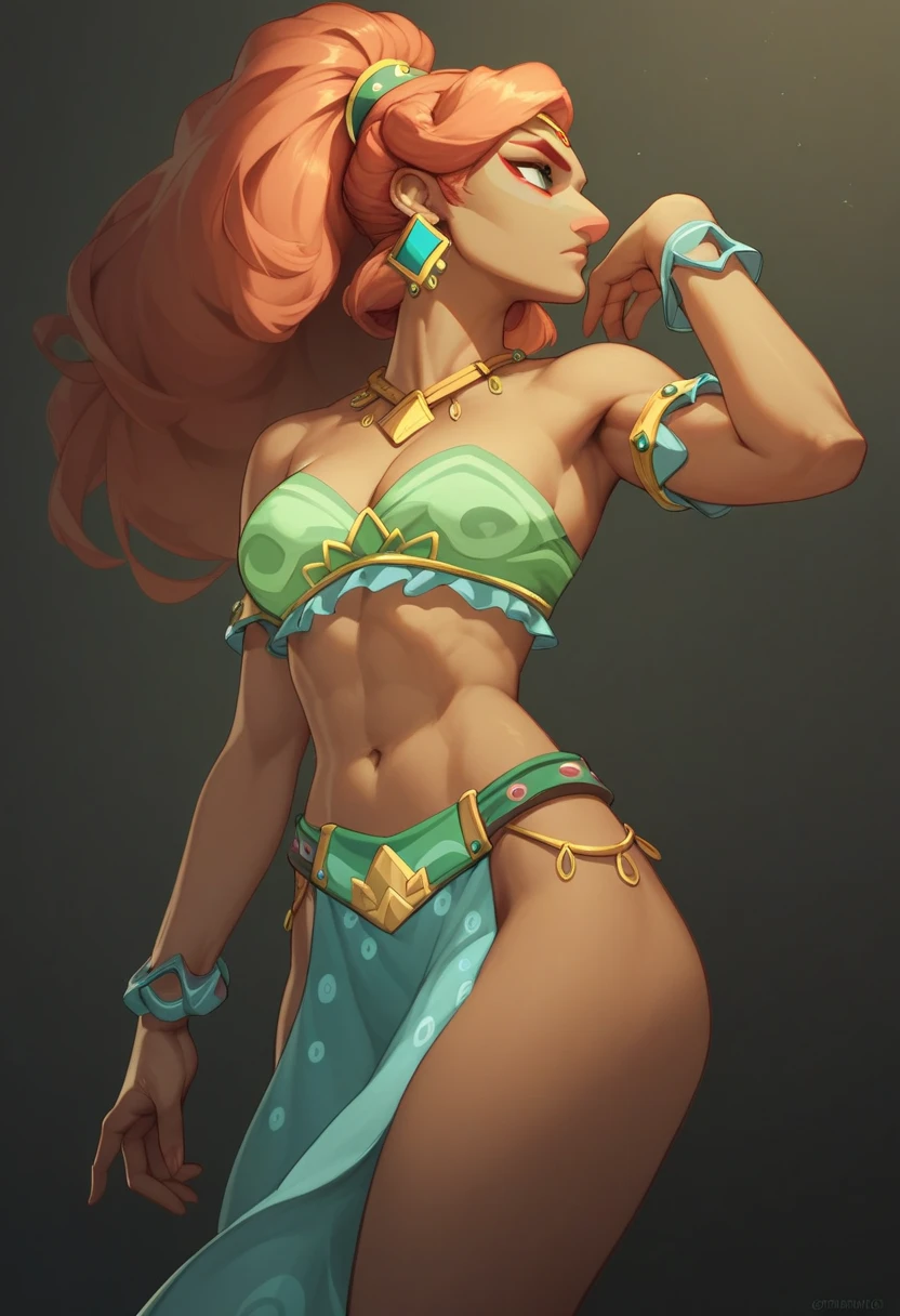 1girl, urbosa, jewelry, Belly Dance Dress, (((dark skin))), red hair, green eyes, blue lips, (thick thighs, bodybuilding), dancing, BREAK, in oasis with pond, (thunder in background) <lora:belly_dance_dress:.35> <lora:DoubleThickV2:1> <lora:urbosa:1>, masterpiece, best quality, hyperrealistic, extremely detailed, highly quality, 4k, sharp focus, professional photograph, sharp focus, award winning, cinematic lighting, octane render, unreal engine, volumetrics dtx, Wallpaper,