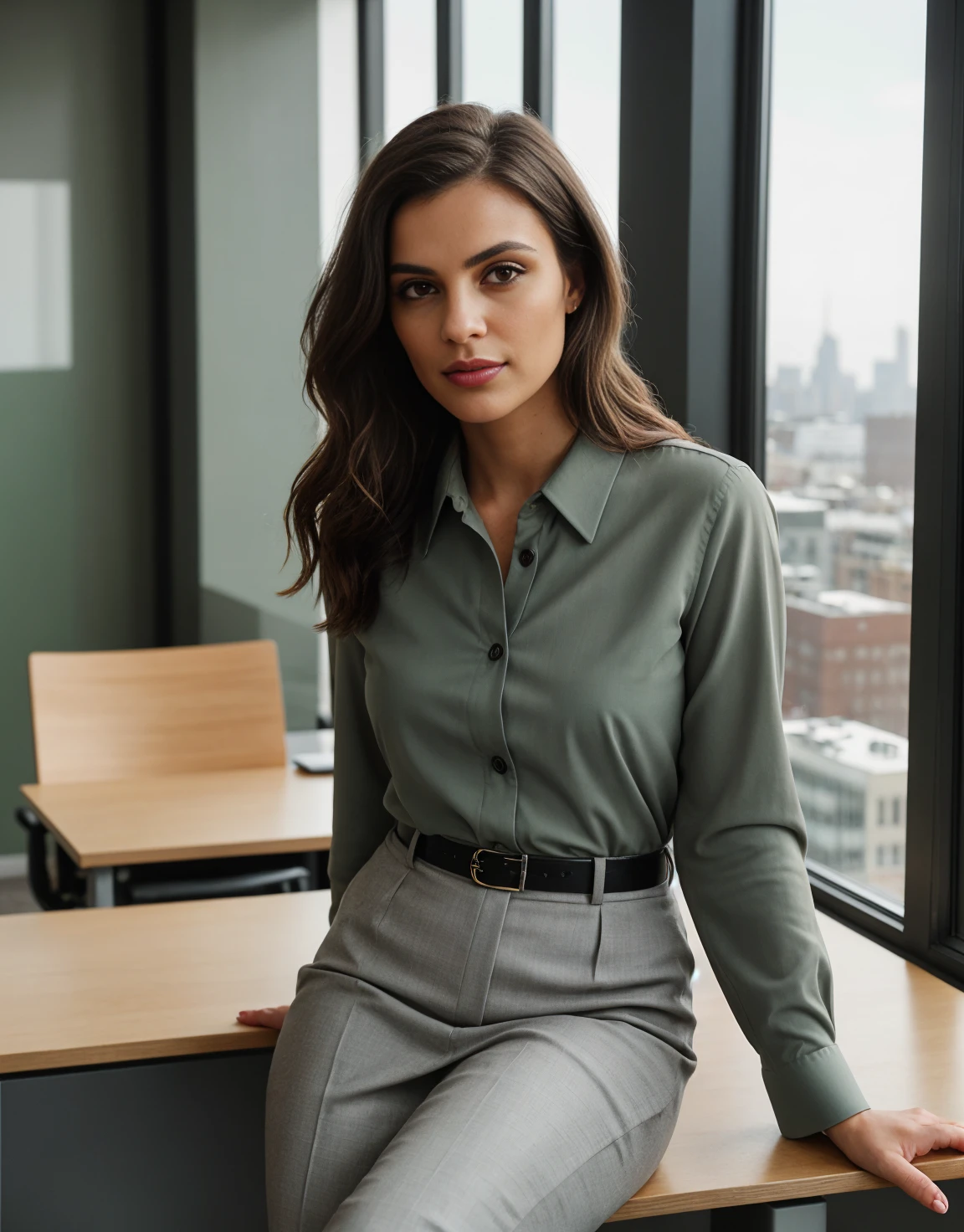 a beautiful young woman with striking green eyes, medium length brown hair, slim athletic figure, full face shot, photorealistic, 4k resolution, dressed in secretarial work clothes