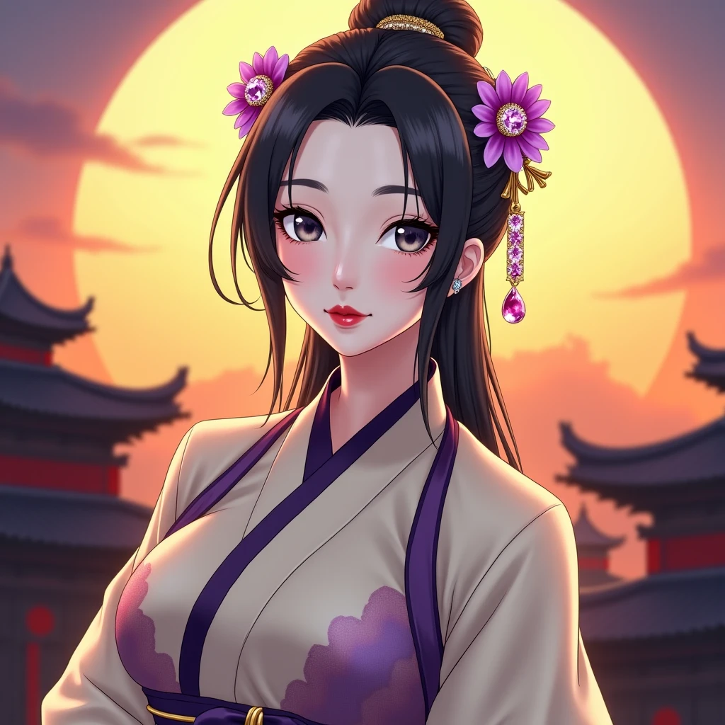 Gorgeous Japanese Mao Abe Hitomi Tanaka in a short kimono showing off her body, anime style, anime realism, Mao Abe mixed with Hitomi Tanaka, lascivious smile, smokey eyes, mid-twenties with a supple female body, CC-size breasts, anime style long hair, cleavage