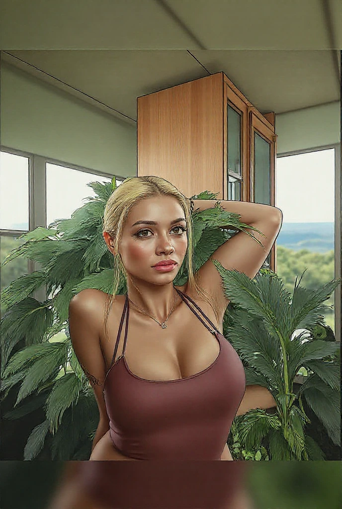 CG art of a beautiful British girl, 1girl, (cannabis goddess:1.2), (ganja queen:1.2), (marijuana leaf crown:1.2), (marijuana glamour:1.2), (cannabis fashion:1.2), cute girl, (curvy-voluptuous-thick body type), exotic, (full body shot), British art, British culture, British Cannabis, 
glamor pose, smirk, eyebrow up, 
pastel color, calm tones, 35 mm,
detailed Cannabis London Garden background