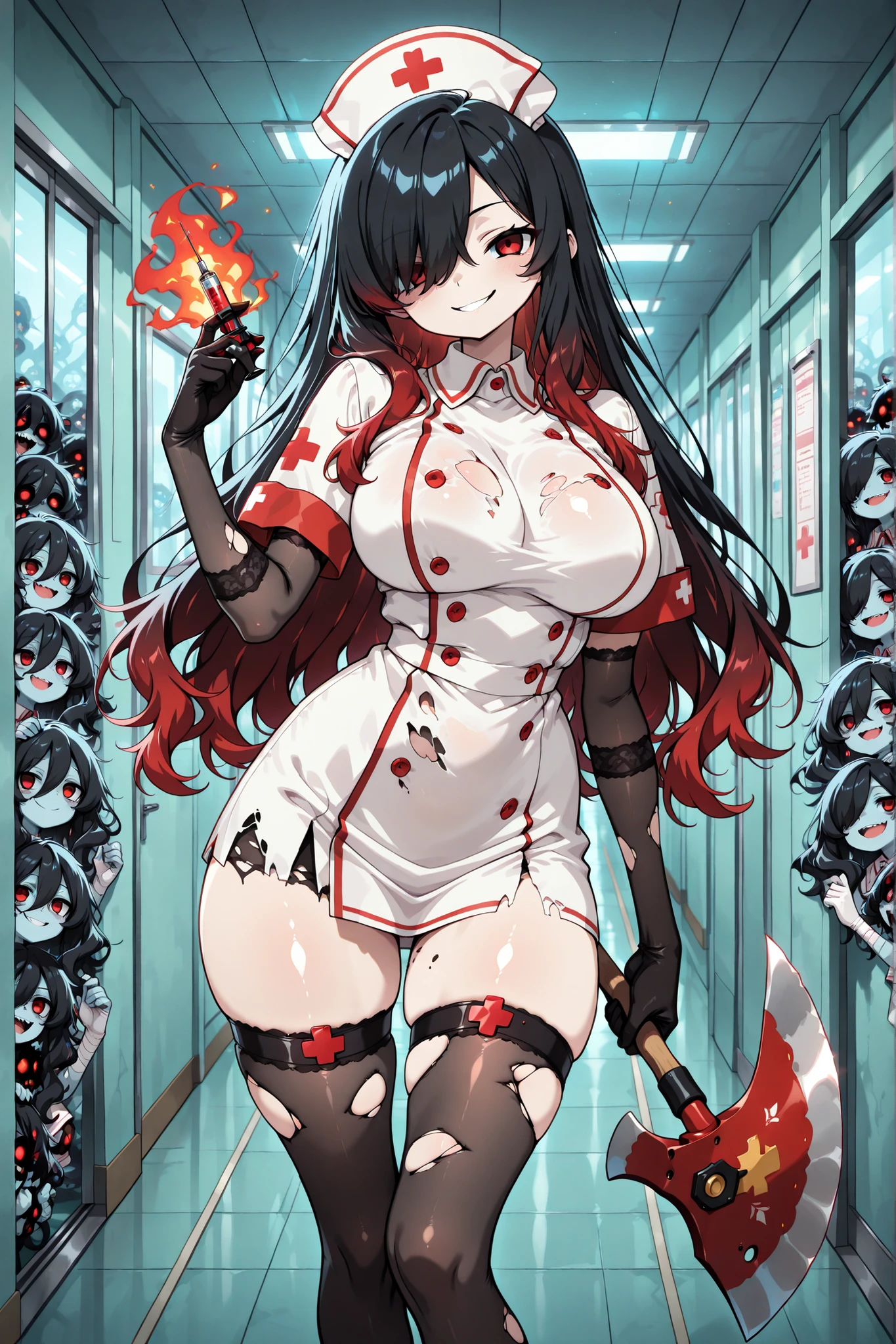 1 girl, Kuroki Monika, red eyes, gradient hair, black hair, red hair, long hair, asymmetrical hairline, hair over right eye, ((large breasts)), (petite but curvy), very cute, lovely , nurse outfit,, miniskirt, cleavages , torn stockings , sleeved gloves, firefighters axe on hand, stance,thigh band, syringe on thigh band, shiny skin, evil smile, cute, beautiful face, messy hospital hallway , tilt head, zombies behind, surrounded by zombies, Dutch angle