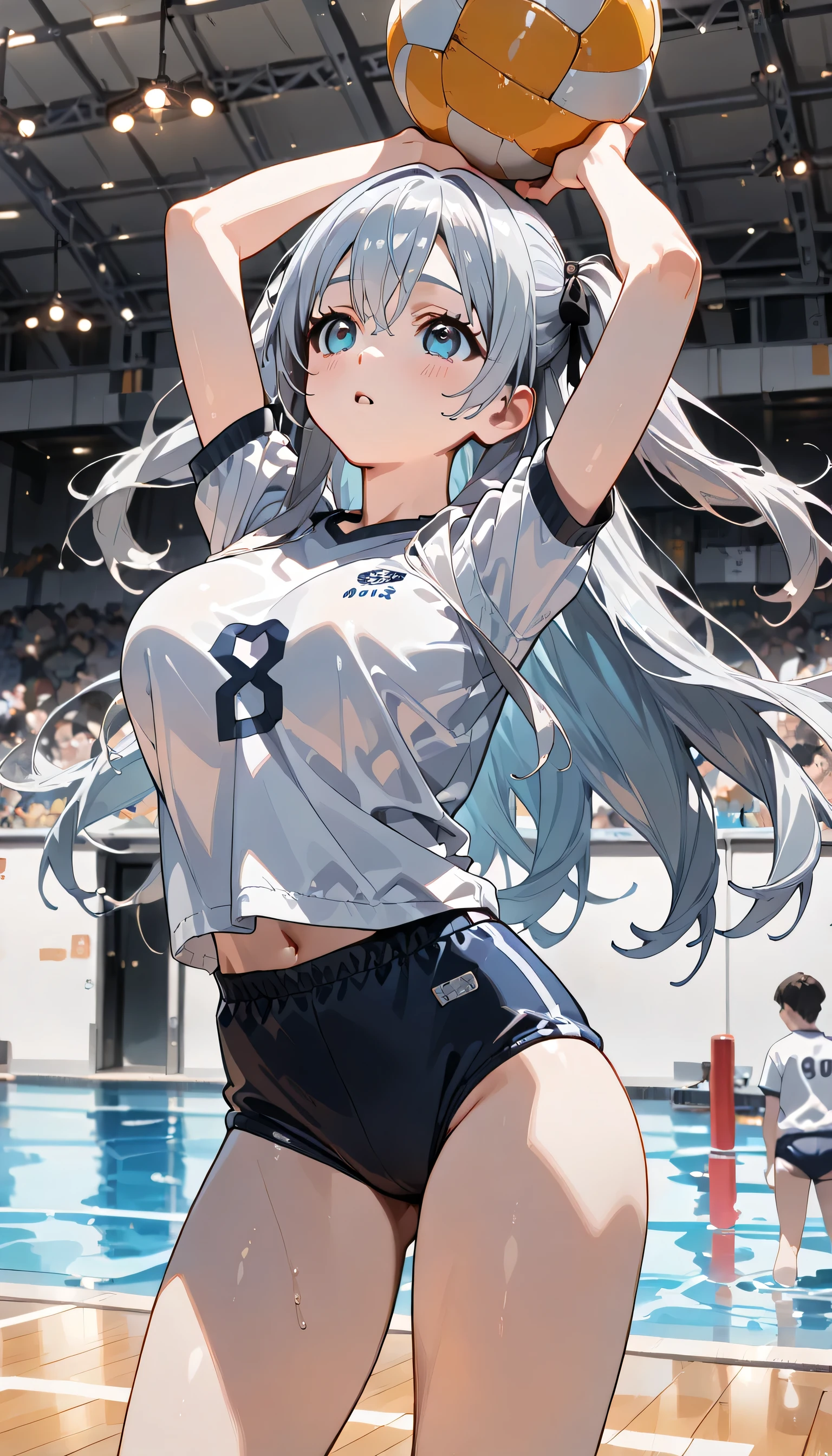 ((ultra-detailed)), (highly detailed CG illustration), (best quality:1.2), ultra-highly detailed, colorful composition, artistic photoshoot, 1girl, solo focus, thigh to top, cowboy shot, moe anime character, girl, dainty facial structure, baby face, round face, rounded chin:1.2, ideal ratio body proportions, celia-default, celia claire, blue eyes, sparkle eyes, long silver hair:1.2, two side up, hair ribbon with blue, ample breasts, blue school gym buruma, serious:1.2, blush:1.3, Volleyball spikes:1.4, balls, jumping:1.6, junp high:1.3, floating:1.4, object, volleyball, volleyball net, raise your arms:1.3, look up, from behind:1.3, dynamic pose:1.6, contrapposto pose, flowing hair:1.2, best quality, expecting, pink cheek, blush, light pink gloss slip, portrait, depth of field, soft lighting, sidelighting, shine, lighting, caustics, ray tracing, perfect face, lustrous skin, highly detailed face, highly detailed eyes, perfect face, perfect nose, perfect hair, perfect eyes, perfect anatomy, beautiful hair, beautiful small face, extremely detailed face, beautiful detailed eyes, beautiful clavicle, beautiful body, beautiful huge breasts, leavage, breasts squeezed together, equalize the size of the left and right breasts, beautiful thin thighs, beautiful legs, beautiful fingers, 4 fingers, 1 thumb, lovely, (very detailed background:1.0), (highly detailed background:1.0), summer aesthetic, intricate details, shy atmosphere, summer colors palette, chromatic aberration