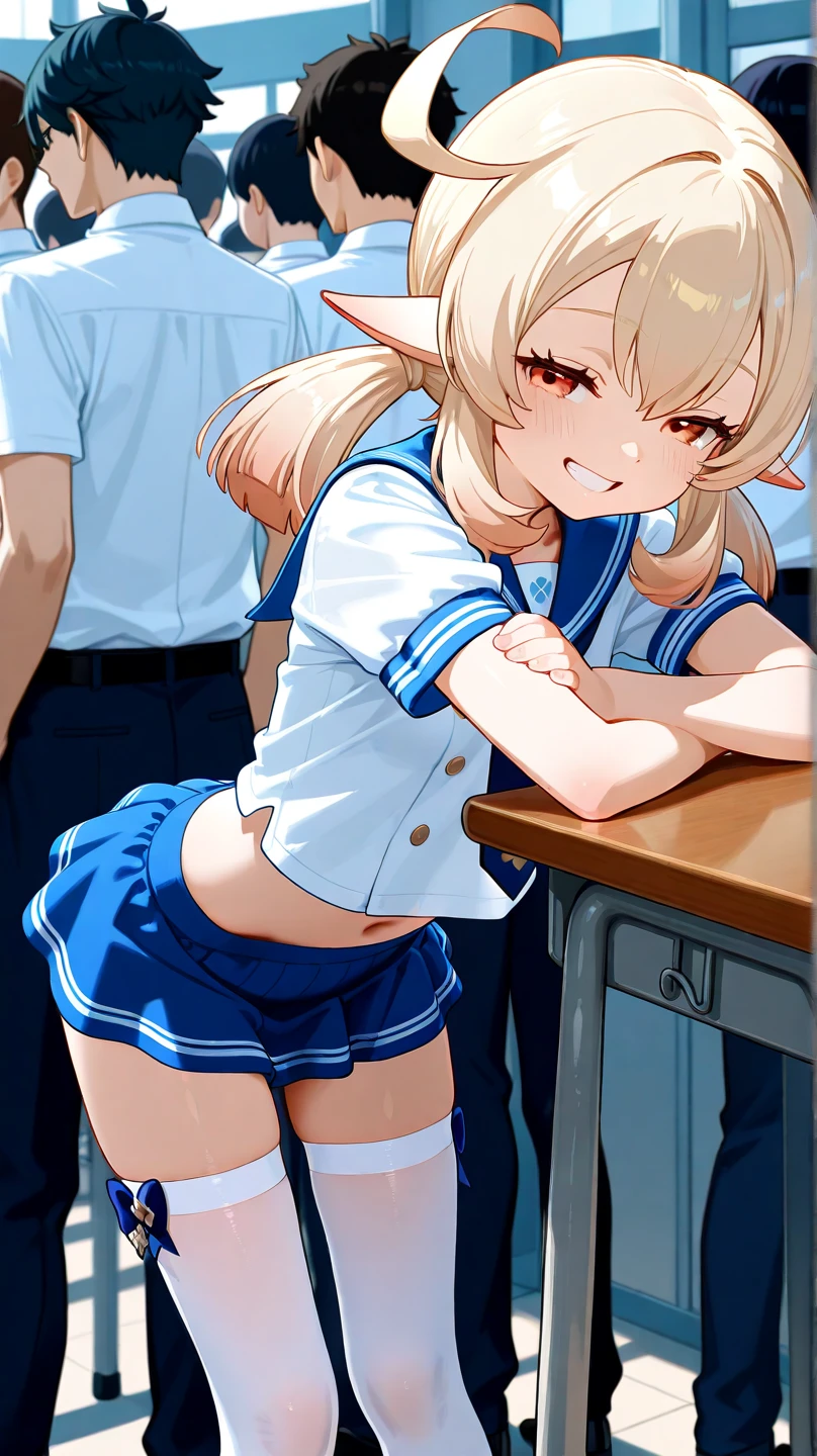 in detail、elementary student、((Vaginal sex with a man))、flat chest、NSFW、Dye cheeks、Wearing sweat、maid clothes、vaginal、(On stage watched by the audience)、(((Having sex)))、a blond、Twin-tailed、Little Devil Girl、1male people、Ahegao、A smile