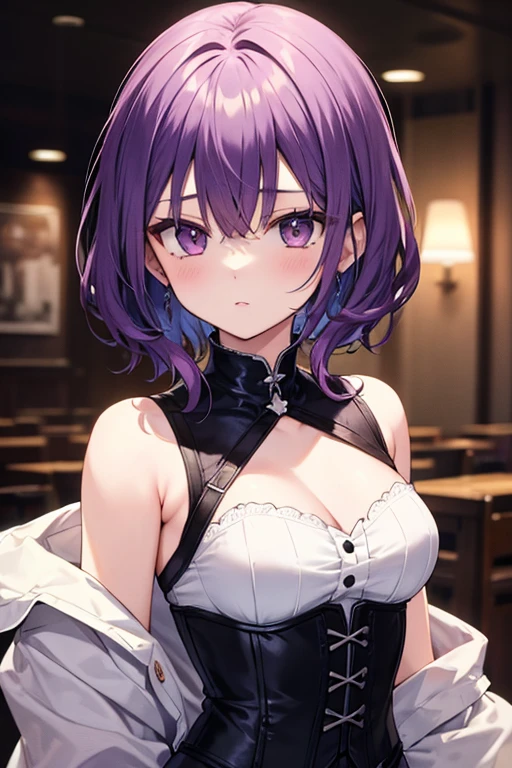 (highest quality, masterpiece),sexy, erotic, 1 girl, 18-year-old, despise, Pride, purple long hair, ((purple eyes)), looking at the viewer, medieval tabernacle, (close), ((dark room)), Sweat, the candle is lit, (((blush))), ((cleavage)), Mr.々Inside a torture chamber with various tools、
BDSM、Black leather corset dress、The corset is decorated with beautiful embroidery.、corset dress with shoulder straps、Tight mini skirt in black leather、first round、Black Thigh Boots、high heel boots、