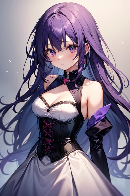 25-year-old woman, long dark purple hair, royal blue eyes, short black dress