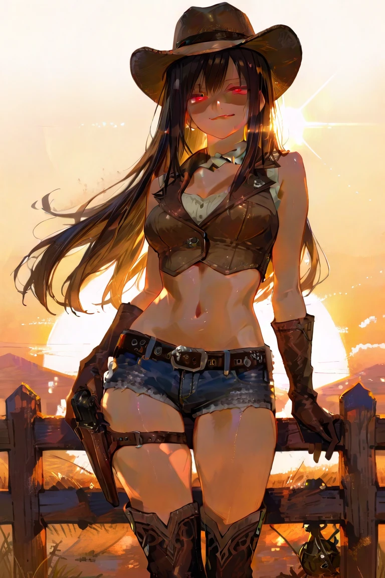 masterpiece, best quality, a sexy lady posed in shorts standing in grassy area, 1girl, full body, solo, outdoors, breasts, cleavage, shorts, long hair, brown leather vest, large breasts, hand on hip, looking at viewer, short shorts, red eyes, black hair, bangs, day, cowboy hat, denim, leather boots, denim shorts, bare arms, bare shoulders, cowboy shot