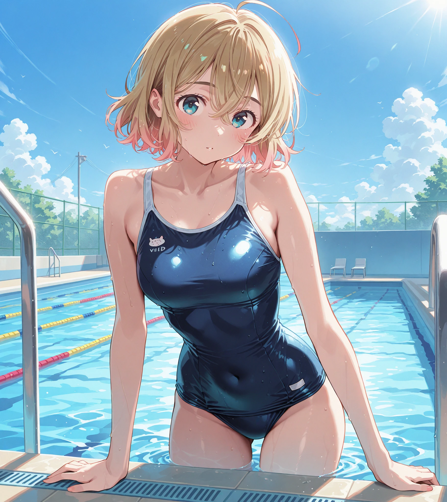 (8k、Best image quality、highest quality、masterpiece)、Detailed face、One girl、Blonde、short hair、Side Ponytail、Blue eyes、((evil smile))、Earrings、Small breasts、((dark blue school swimsuit))、Cowboy Shot、Hide your arms behind your back、Shoot from the front、Pool Background