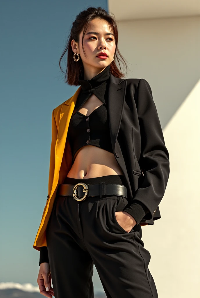 Arapé woman walking wearing white top and tan skirt, resin drainage, YouTube video screenshot, wearing a jacket and skirt, her belly button was exposed, screenshot from a movie, music video performance, cropped shirt with jacket, Holograms hovering around her, Celestial Holographic Center,