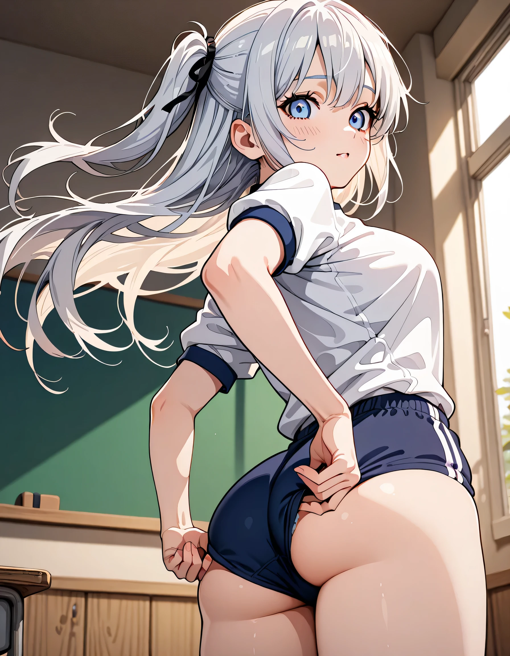 (score_9, score_8_up, score_7_up), source_Anime, absurd_res, white, blue, black, 1girls, solo, multiple girls, upper body, super fine illustration, an extremely delicate and beautiful, best quality, masterpiece, 8K, spring setting, on the school Athletic Festivalbeautiful detailed sky, flowers, gentle breeze, long silver hair:1.3, half updo:1.3, blue eyes:1.3, sagging eyes:1.3, hair ribbon with light red, ample breasts, white gymnastics uniform with Navy blue rim:1.3, navy blue school gym buruma, smile:1.3, blush:1.3, adjusting the fabric to fix its position:1.2, slightly pulling it to cover more, folds in the fabric, natural hand movement, dynamic pose, contrapposto pose, from behind:1.3, turn around:1.3, soft fabric movement, warm and bright atmosphere, soft lighting, delicate color palette, detailed clothing folds, flowing hair, lively spring vibe, highly detailed rendering, breathtaking composition,