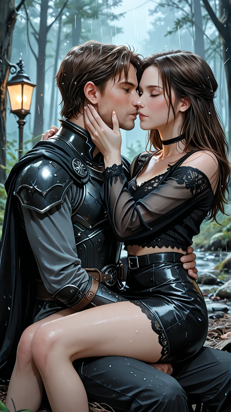 Similar artwork (nonsense, height, very detailed), 2 more people, couple, 1man, 1 plus size woman wear bikini, (height difference 1.3), different hair colors, happy, love, (hug), upper body, long hair, blonde and black hair, fantasy, russian, winter, knight and lady, closed mouth