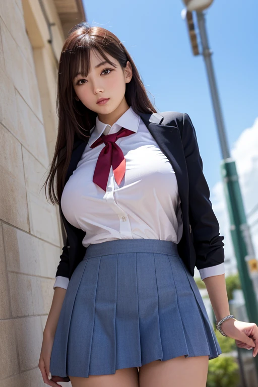 Highest quality, figure, Very detailed, In detail, High resolution, 8k wallpaper, Perfect dynamic composition, Beautiful attention to detail, Natural Lip,blazer ,Intricate school uniform, Cleavage, whole body,a short swaying skirt、Wind、
