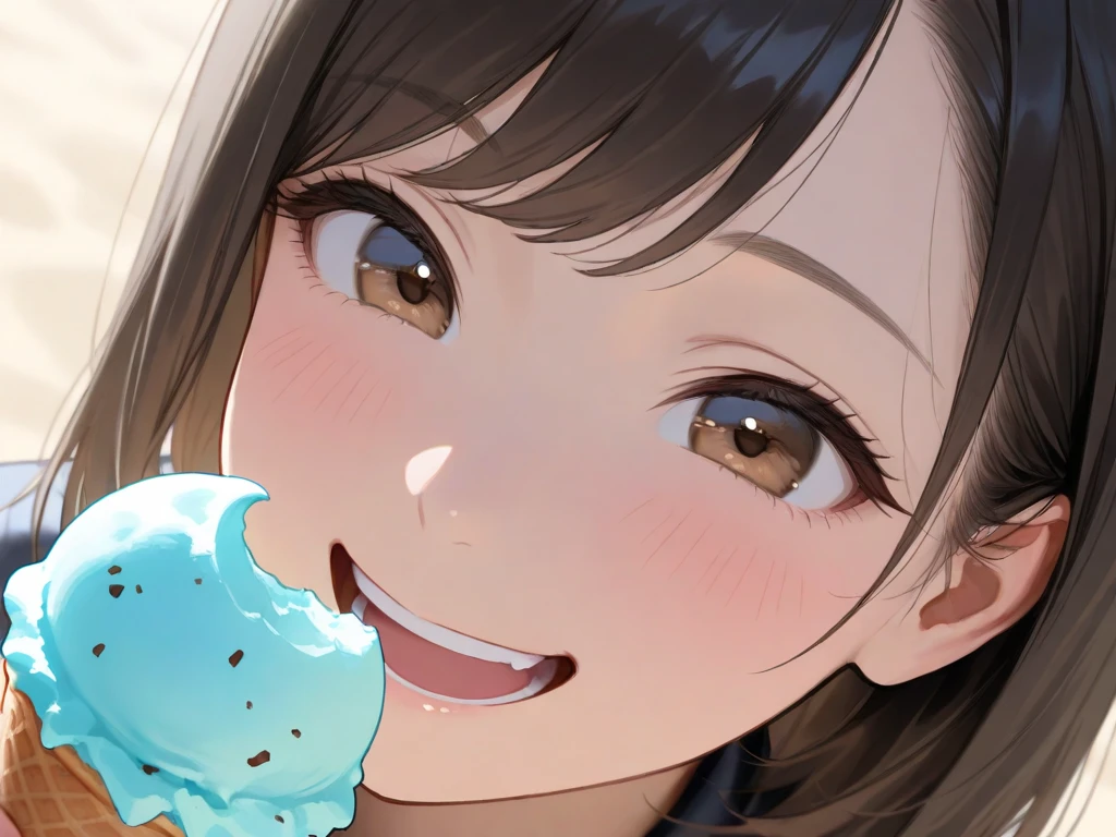 very close up, eyes open, pov, looking at viewer, foodtease, girl asian, xianghua, short hair, hair brown, eyes brown, beautiful eyes, beautiful young Girl sucking really hard on a (light blue popsicle) deep into her closed mouth with her lips wrapped around the popsicle, holding a popsicle, sexually suggestive, satin dress blue tight, sleeves, ribbons, headband, public indecency, medium breasts, sunny day in a crowded public park, UHD 8k focus stacking  