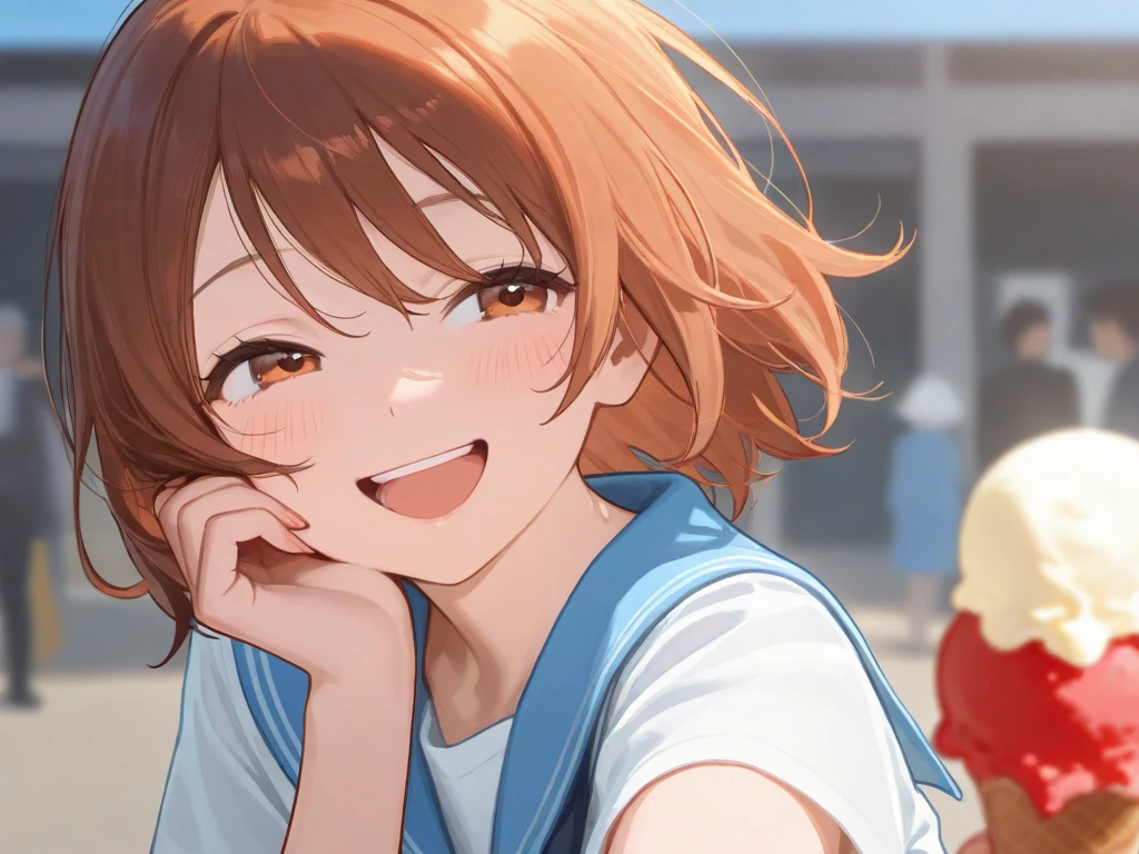 (8k:1.2)(ultra-detailed:1.4),(High quality:1.4),(best quality:1.4),(masterpiece:1.6),(beautiful huge breasts:1.1),(beautiful face:1.3),(beautiful woman:1.3),(bright red hair:1.4),medium hair,a mole around the mouth, (sweat:1.2), (enjoy:1.6), (burst into laughter:1.4), (squinting:1.4),(simple plain uniform:1.1),(gym uniform:1.2),(round neck white t-shirt:1.2),navy blue short Sweatpants,upper body,(closed eyes:1.2),school gym,(close-up:1.2),mature