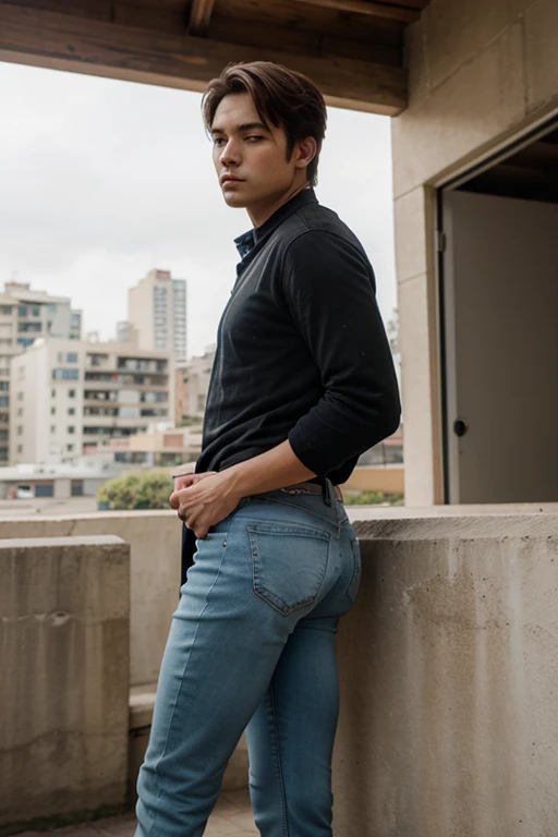 Man in off-white clothes, full body, American round inch head, Buzz cut, national character face, tall and burly, muscular male hero, heroic male pose, muscular! Wearing skins brand bodysuit tights, black hair, super gain and cool, high resolution committee, character design cycling enthusiast, sneakers, attractive strong man, (big butt), jeans backside (((bent over))) crouched manly