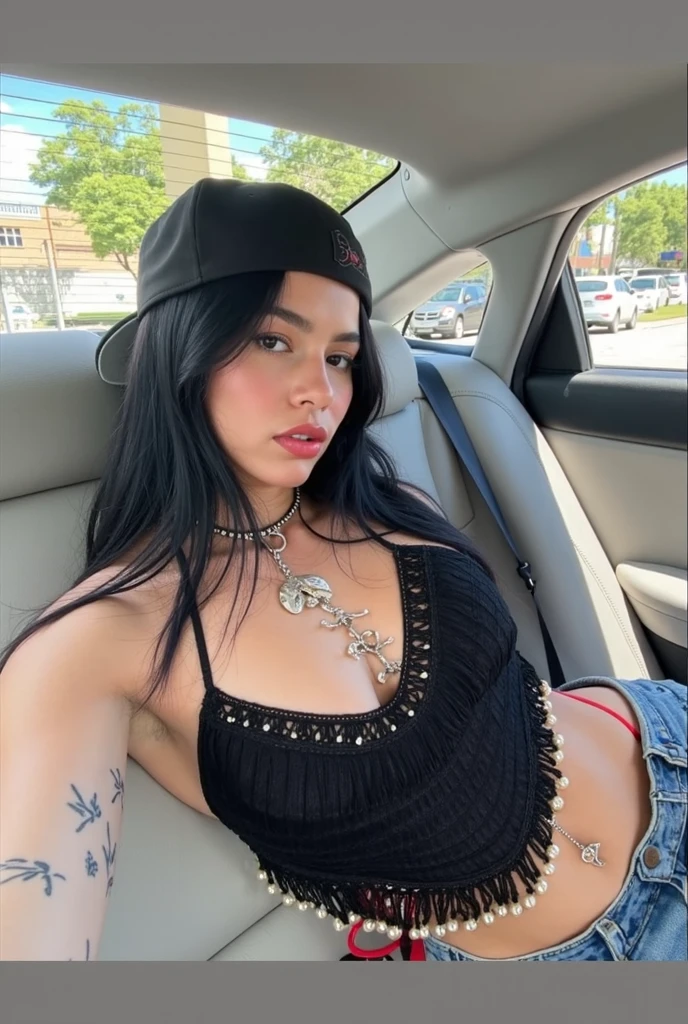 Benevolent ((plump ((dark-skinned Haitian)) ((goth)) 30 yo goddess)) with freeform dreadlocks sitting in a limousine with her pretty perfect manicured feet up while talking on her cell phone, loa veve tattoos, wearing golden bracelets and anklets, short pleated skirt, plump thighs, high quality photo, in the middle of the Tokyo cannabis forest behind her, driving