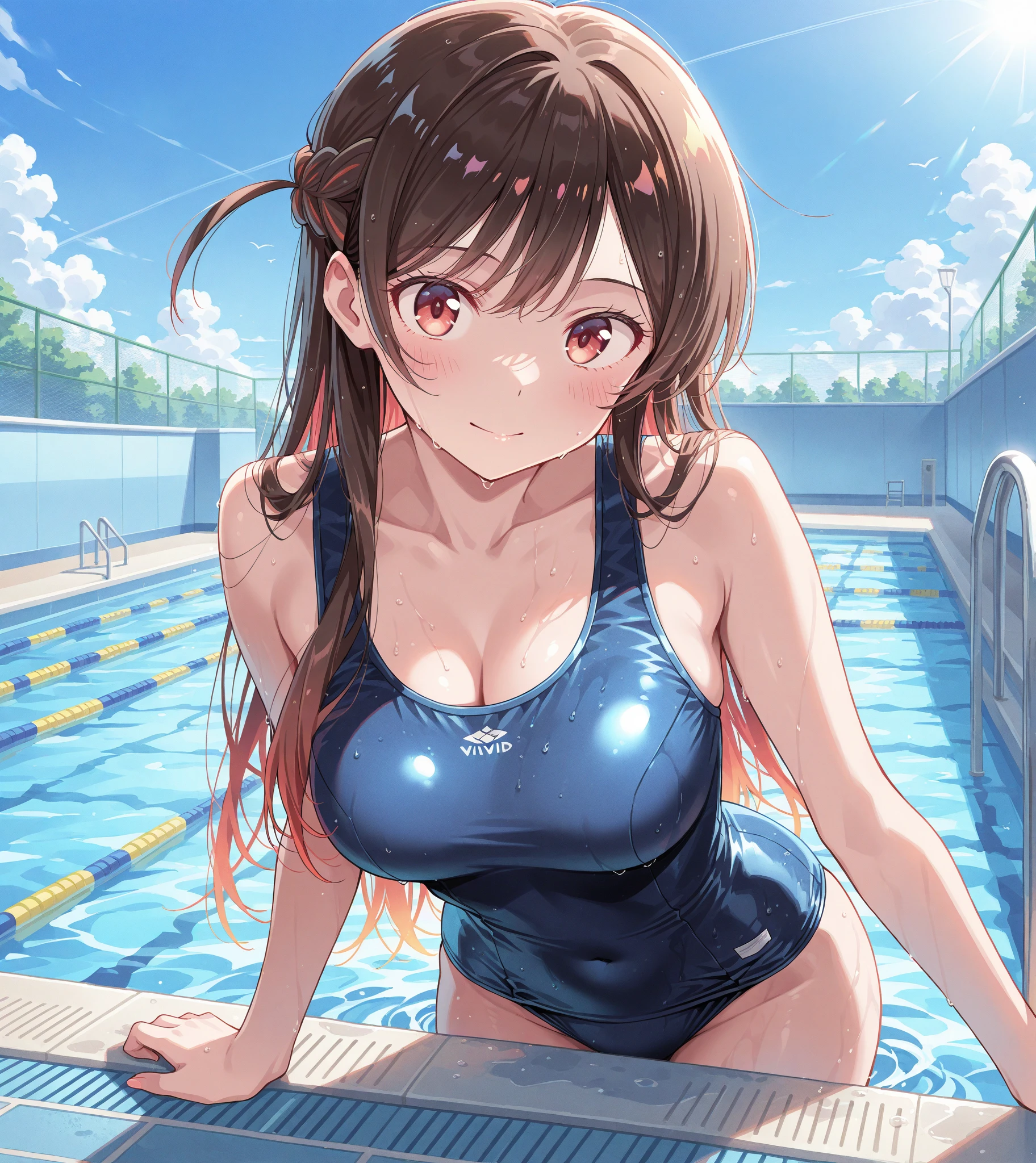 ((Tabletop, Highest quality, High resolution, , Pixel Perfect, 4K,))), 1 female, 、The whole body is visible、 ((Long Wavy Hair, bangs, Brown Hair)), ((Brown eyes, Beautiful eyelashes, Realistic eyes)), ((Detailed face, Blushing:1.2)), ((Smooth texture:0.75, Realistic texture:0.65, Realistic:1.1, Anime CG Style)), Medium sized breasts, Dynamic Angle, Perfect body, (( , , Beautiful swimming trainer、、Black and red competitive swimming wear 、)), 、、Very embarrassing panic smile, 、、、Luxury hotel pool、Sit by the pool、Nipples are visible、、、、、 、Angle from below)、