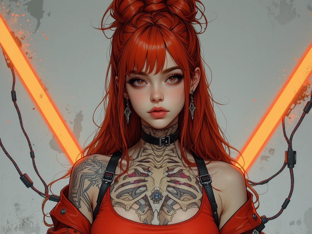 ((Create, Red-haired young girl-16+, demoness), (full height, very beautiful, long red hair, smooth clean, white skin, open body, bare shoulders))_ ((Red and black short evening dress), (dear jewelry, esoteric symbols, cyberpunk implants, electronic technology), (expensive futuristic jewelry on the body), (tattoos)), (her body is grace, elegance, ideal figure, a girl with long red hair, waist-length), (black metal , leather corset, rock stars), (demonic image, body in tattoos), (corset of belts, fasteners and fastenings, electronic implants woven into her outfit), (Goddess of Darkness, angel of the cyber World.), (magic amulets on breasts, cabalistic symbolism))_((Dynamic expressive image, detailed skin texture, graceful figure, sexy girlfriend, tattoos, erotic, dark angel)), (( NSFW))_(((Bright, anime style, cyberpunk), (Stylized Italian Renaissance, great art ), (magic and cyberpunk mixed together), (distant esoteric future, high technology - magic), (masterpiece, highest quality, background - futuristic horror style, engineering structures, temple of cyber technology))_ ((Clear frame, soft shadows , contrasting light), (warm range of colors, golden light, contrasting light with cold backlighting from the side, expressing volume and shape))_ ((Stylized 3D visualization imitating comic book graphic technique), (clear line, clear outline, shading, color fill))_((High quality, 4K | Ultra HD | Full HD, cinematic rendering)).