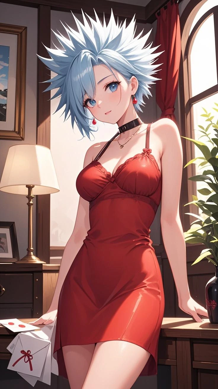 masterpiece, best quality, highres, dragon ball, blmshort, aqua hair, very short hair, earrings, jewelry, solo, 1girl, masterpiece, high quality, tall body, tall, long legs, mature female, mature, adult, 1girl, solo, looking at viewer, upper body, masterpiece, best quality, high quality, photorealistic, (4k), depth of field, (Masterpiece), (realistic skin texture), extremely detailed, intricate, hyper detailed, professional photography, bokeh, high resolution, sharp detail, best quality, 1girl, beautiful, volumetric lighting, best quality, masterpiece, intricate details, tonemapping, sharp focus, hyper detailed, ballroom, beautiful dress, big breasts, sparkle dress, fancy red dress, red dress, red glitter dress, ballroom event, ballroom dress, sleeveless, hip slit, bare shoulders, cleavage, sparkly red dress, met gala, ballroom party, fancy party, close shot, full frame, hall, award ceremony event, bright room, night time, stars, city buildings, lights on, upper body shot, looking at viewer
