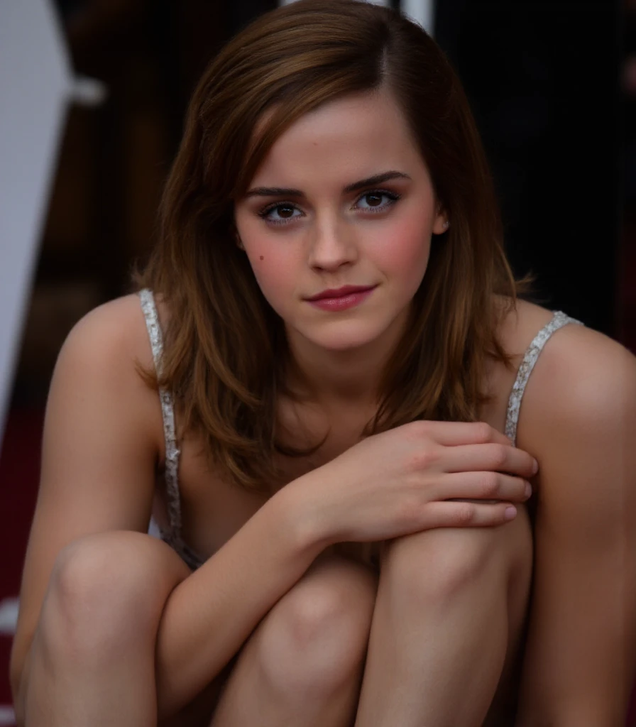 Emma Watson, small breasts, topless, nude, pubic hair, Selfie, On your knees., squatting, room, In front of the mirror.