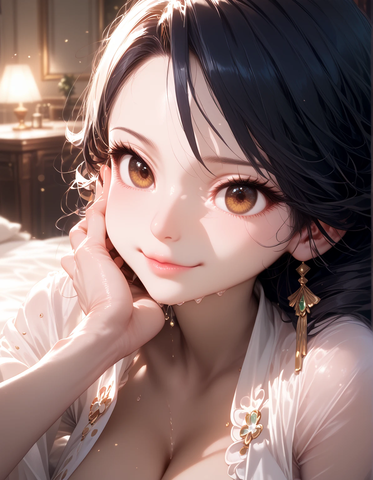 Superb Quality, Masterpiece, High Resolution, 1Girl, Blush, (Seductive Smile: 0.8), Star Eyes, Rings, Earrings, Beauty, on_body, Tyndall Effect, Realistic, Shadow Room, Light Edge, Two-tone Lighting, (High Detail Skin: 1.2), 8K UHD, DSLR, Soft Light, High Quality, Volumetric Lighting, Candid Photo, High Resolution, 4K, 8K, Background Blur