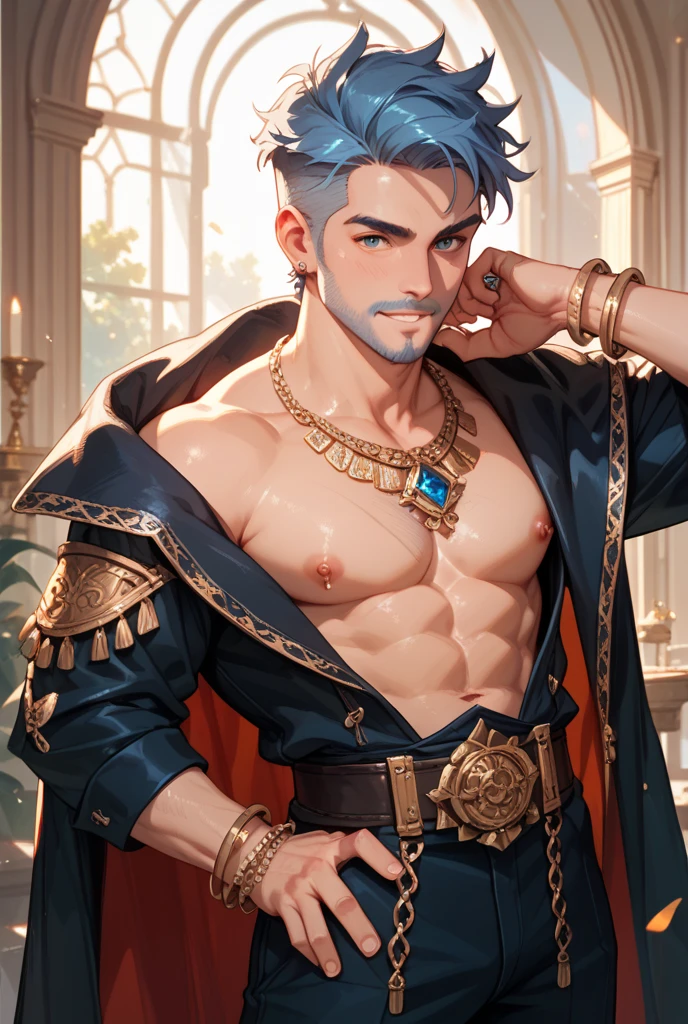 ### Full-body image: Genie of the Lamp
**Description:**
masculine and sallow face - **kor:** 17 years - **Height:** 1,90 m
- **body type:** Slim and defined - **body hair:** short - **Skinned:** Pale with runes inscribed on the body - **dark circles:** visible, giving an imposing appearance - **badass clothing:**
- **Top:** Veil fabric crop top with blue and black sleeves, with fabrics flowing from the bottom - **pants:** loose, com um degradê de tons de azul, bouffant at the bottom and with a bell-bottom adorned with triangular details - **Accessories:**
- **jewelly:** aretes, wristbands, rings, ankle bracelets, gold necklaces and chains - **face ornaments:** Gold on the face, inspired by Egyptian and Indian styles - **styled:** emo, with a masculine touch - **pantsdos:** barefoot, with transparent veils - **might:** Ability to fulfill desires
**Additional note:**
- This genie lamp combines classic and modern elements, displaying a mix of grandeur and elegance with a touch of rebellion and mystery.