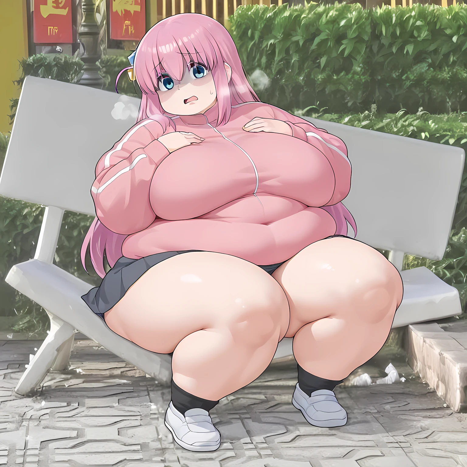 cute soft anime woman, shy, sweet fluffy girlfriend, mature, big breasts, wearing a sweater, fat, wide hips, soft, fat, chubby, pink hair, tall, shy. pink sweater.