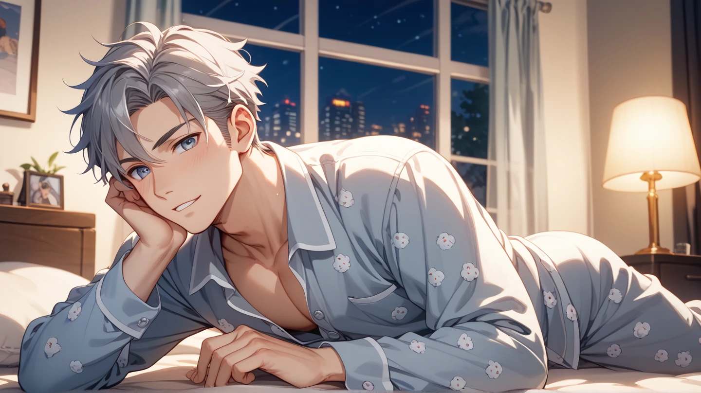 In a modern living room flooded with natural light from open curtains, a young man reclines lazily on a plush sofa. His distinctive features include white hair and piercing yellow eyes. He wears a pristine white shirt paired with comfortable jogging pants, his slim frame relaxed as he scratches his head with bothered look
The scene is a masterpiece of meticulous detail and top-quality animation, emphasizing the male character's relaxed demeanor and expressive eyes. The modern decor of the room, with its carefully selected furnishings and contemporary design elements, enhances the overall ambiance of the setting.