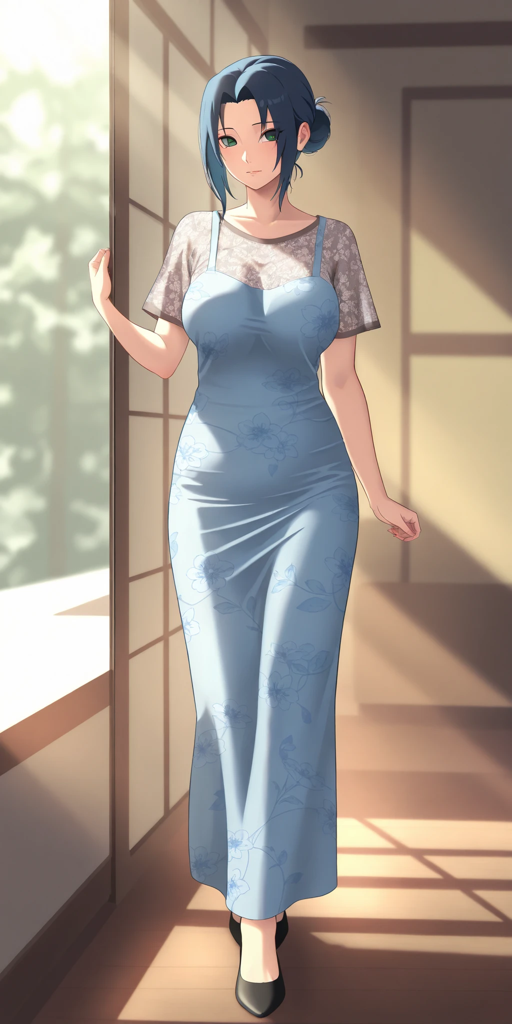 score_9, score_8_superior, score_7_superior, score_6_superior, score_5_superior, score_4_superior, super realistic, busty mother, (detailed eyes, detailed face, big breast, big ass, necklace, earing, black hair, hair tie, long skirt dressed, floral print, ) standing full body, side view