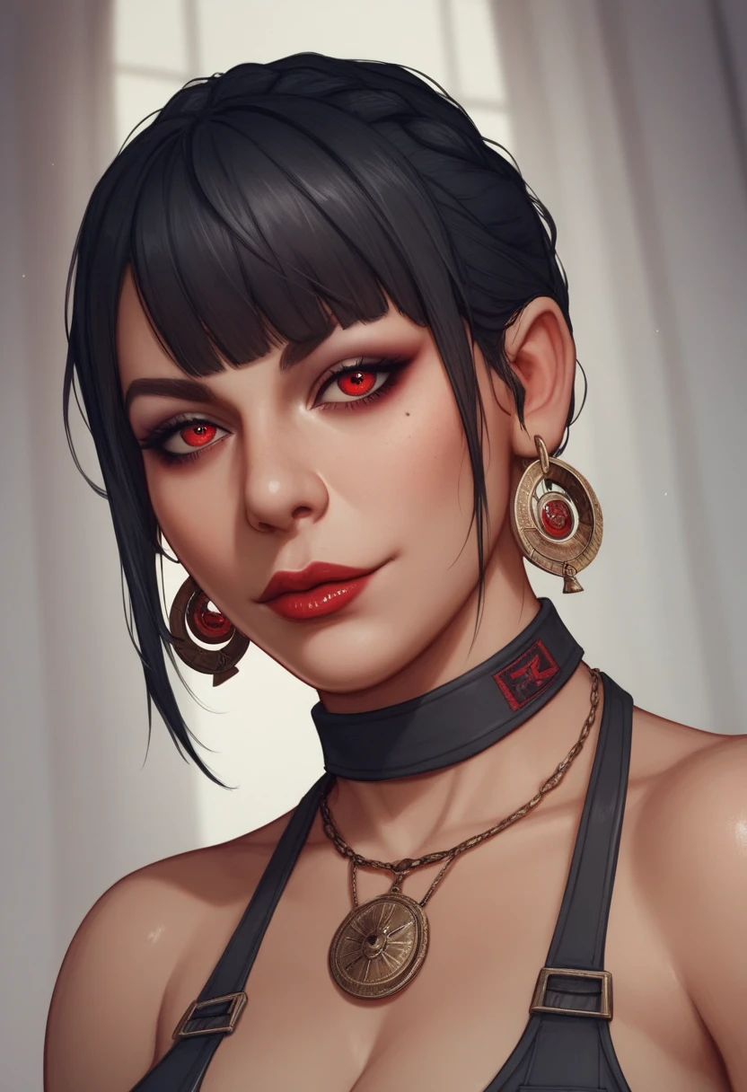 Amazing portrait of a sexy woman with her hair tied back in a high bun with her eyes emphasised by smokey eyeliner gazing at us seductively with her perfect lips parted wearing a red dress with black laces and fishnets