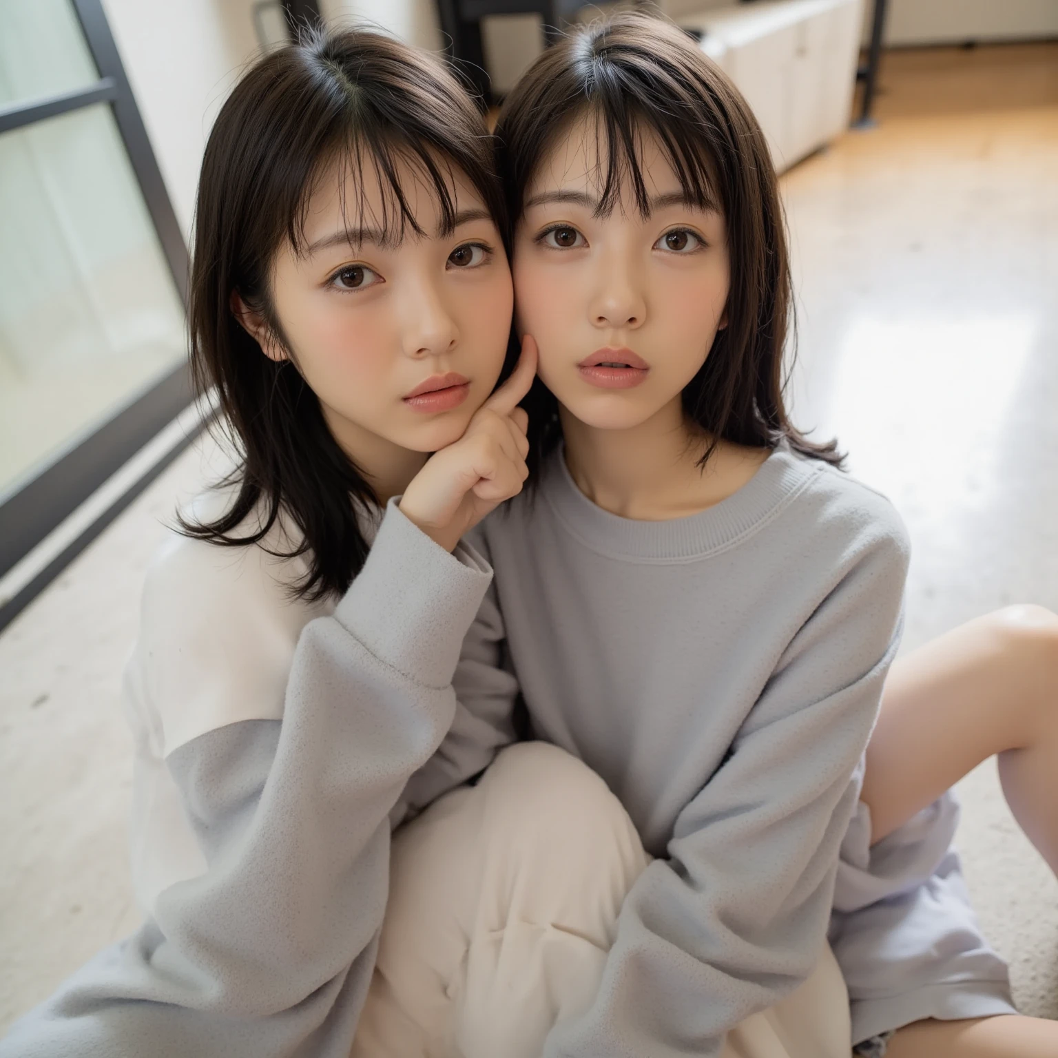 2girls、sprawl、Forceful kiss face to face、embracing each other、Opening Mouth、The tips of their tongues touch each other、Yogurt in the mouth overflows and drips from the mouth、Top image quality、Raw photography、超A high resolution、16-year-old woman、big round chest、Thin and tight sailor suit、Navy blue pleated skirt、Leather boots、Beautiful Eyes of Details、very elongated eyes、Beautiful eyelashes、Beautiful double eyelids、Bright blonde shorthair、very slender physique、Glossy dark red lipstick、eyeshadows、eye line、Sad face、red blush、profuse sweat all over the body,、Turn your butt towards us、Sateen、Share a kiss、(thighs thighs thighs thighs:1.2)、Angle from below、Looking down here、
