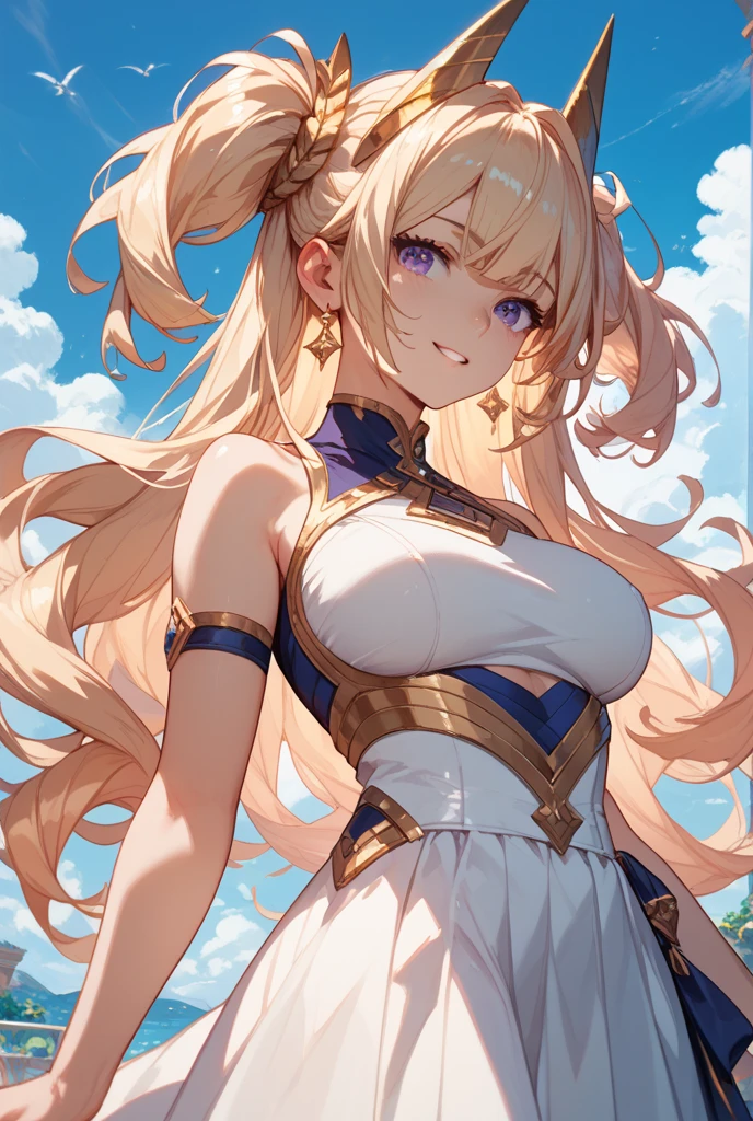 (masterpiece:1.2), (highest quality:1.2), perfect eyes, perfect face, perfect lighting, sunlight, outdoor, desert, 1 girl, blonde, yellow-green eyes, one eye closed, (((wavy hair))), bun_head, blunt bangs, medium hair, (transparent white bikini armor), cute eyes, closed mouth, ((from above)), ((front), wariza, ((grin)), spoken heart, (big breasts)