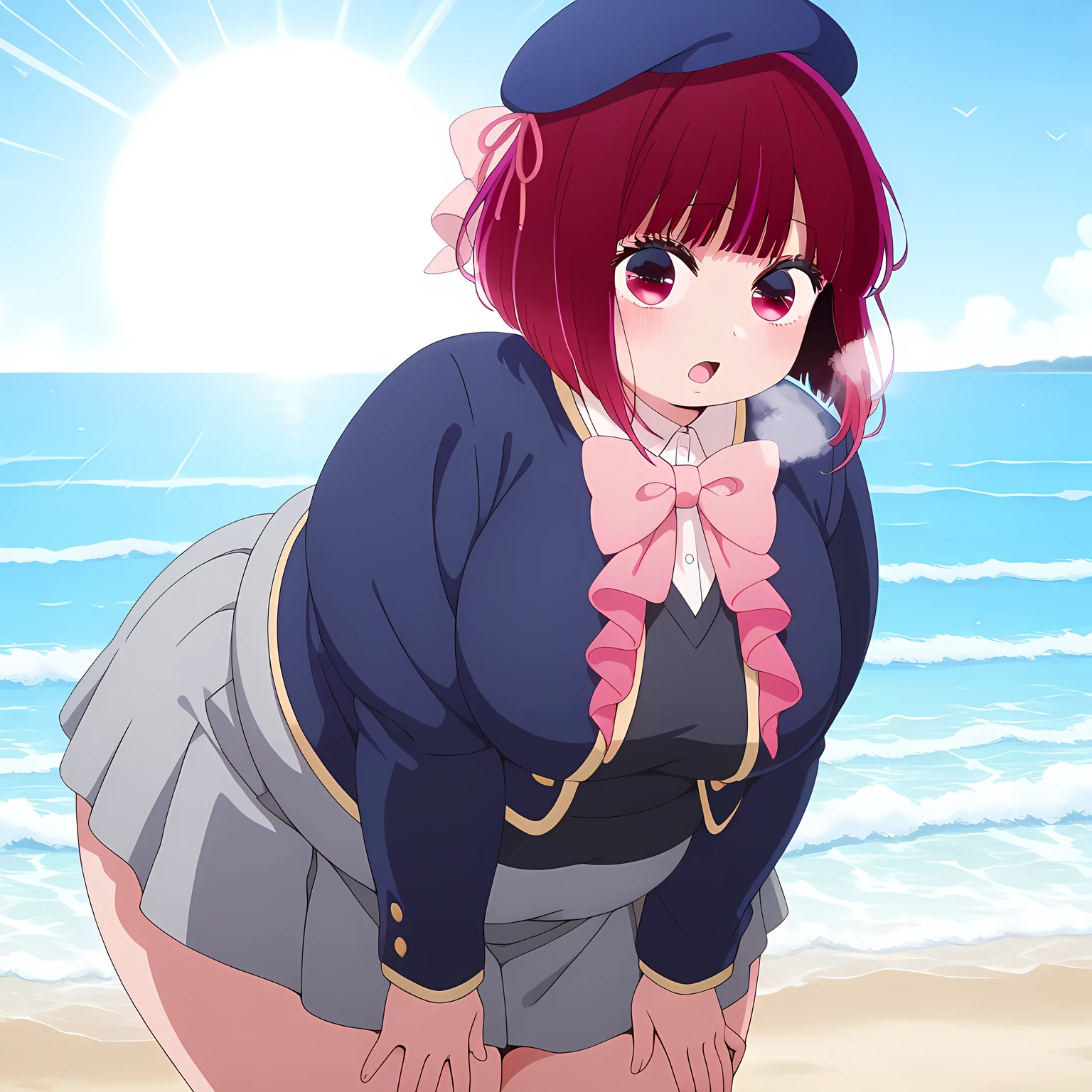 masterpiece, best quality, amazing quality,,  kana arima, short hair, bangs, red eyes, red hair, bob cut, breasts, anime screencap, skirt, long sleeves, hat, bow, school uniform, jacket, pink bow, grey skirt, blue headwear,, beach, sand, waves, sun, ocean, , leaning forward, looking at viewer, solo,, cowboy shot, solo fat, chubby, obese, gigantic arms and legs, large breasts open mouth, out of breath