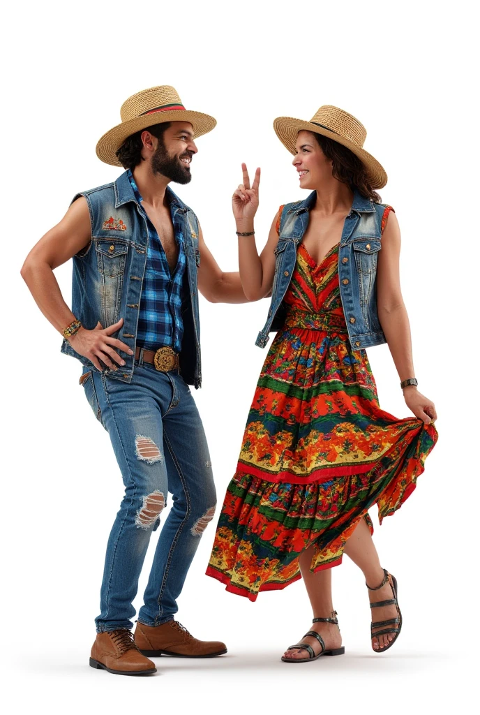 A hyper-realistic image of a joyful couple dancing together, wearing a fusion of traditional Brazilian festa junina and reggae-rock style. The man has a beard, wears a straw hat with red and green bands, a blue plaid shirt under a sleeveless denim jacket with reggae-themed patches, distressed jeans, and leather accessories. The woman wears a wide-brimmed straw hat with matching red and green bands, a vibrant, multicolored folk dress with floral and striped patterns, and a sleeveless denim vest. She is holding the side of her dress playfully while making a peace sign with her fingers. Both are smiling at each other with vibrant energy, their expressions full of happiness and movement. The background is completely white, with sharp lighting and clean shadows to emphasize the realism of the clothing textures, skin, and fabric flow