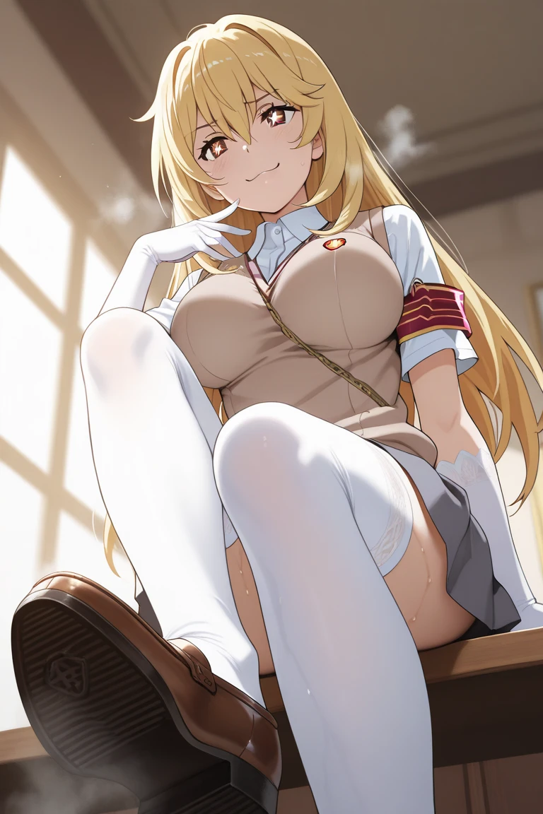 (masterpiece, best quality, ultra-detailed, high resolution, detailed eyes), {vulgar}, nsfw, takeda hiromitsu style, Cecilia Alcott, curvy body, ribbon, blue ribbon, long sleeves, uniform, military uniform, white military uniform, skirt lift, big eyes, (makeup:1.0), (tears:0.8), slave, pet collar, earrings, (open mouth:1.5), (tongue out:1.5), (blushing:1.3), (drool:1.5), (breath:1.3), (orgasm:1.5), squatting, spread legs, masturbation, fingering pussy, looking at viewer