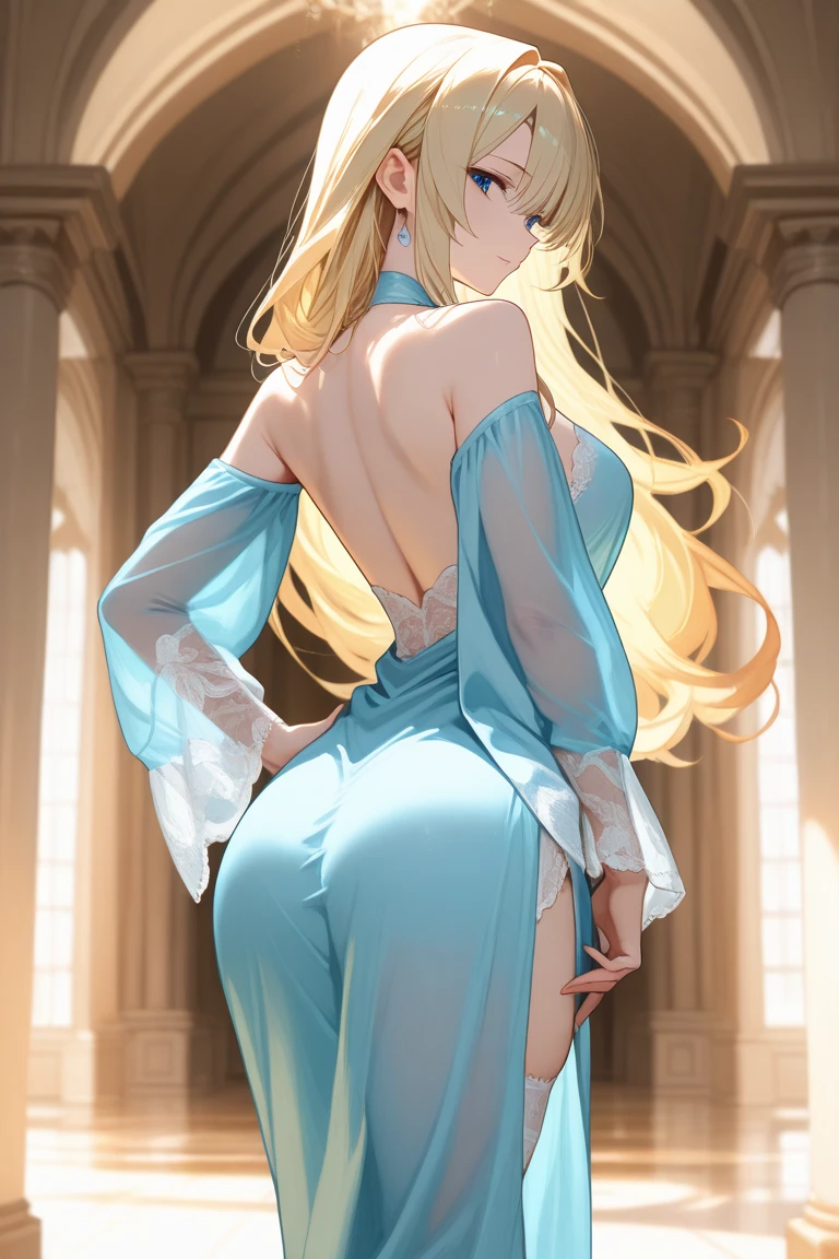 (( straight face picture )) ((best quality)), ((Masterpiece)), (details), Young woman , yellow hair , Dirt. , blue eyes ,Blue purple set, Gold pattern, wearing a big brimmed hat , Magician , The dress is very beautiful. ,long dress ,big breasts ,Big butt