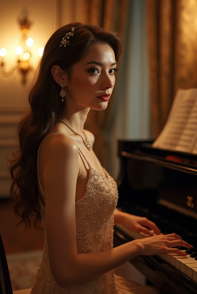 A beautiful young woman, 23 years old, pianist, at a recital, performing a piece of music, wearing a golden and silver full-length fitted ball gown with bare shoulders, covering her arms with an extremely luxurious coat, white skin, brown hair, green eyes, extremely detailed light hazel eyes, detailed symmetric realistic face, extremely detailed natural skin texture, peach fuzz, messy hair, masterpiece, absurdres, nikon d850 film stock photograph, kodak portra 400 camera f1.6 lens, extremely detailed, amazing, fine detail, rich colors, hyper realistic lifelike texture, dramatic lighting, cinestill 800 tungsten, raw photo, high quality, highres, sharp focus, extremely detailed, cinematic lighting, 8k uhd