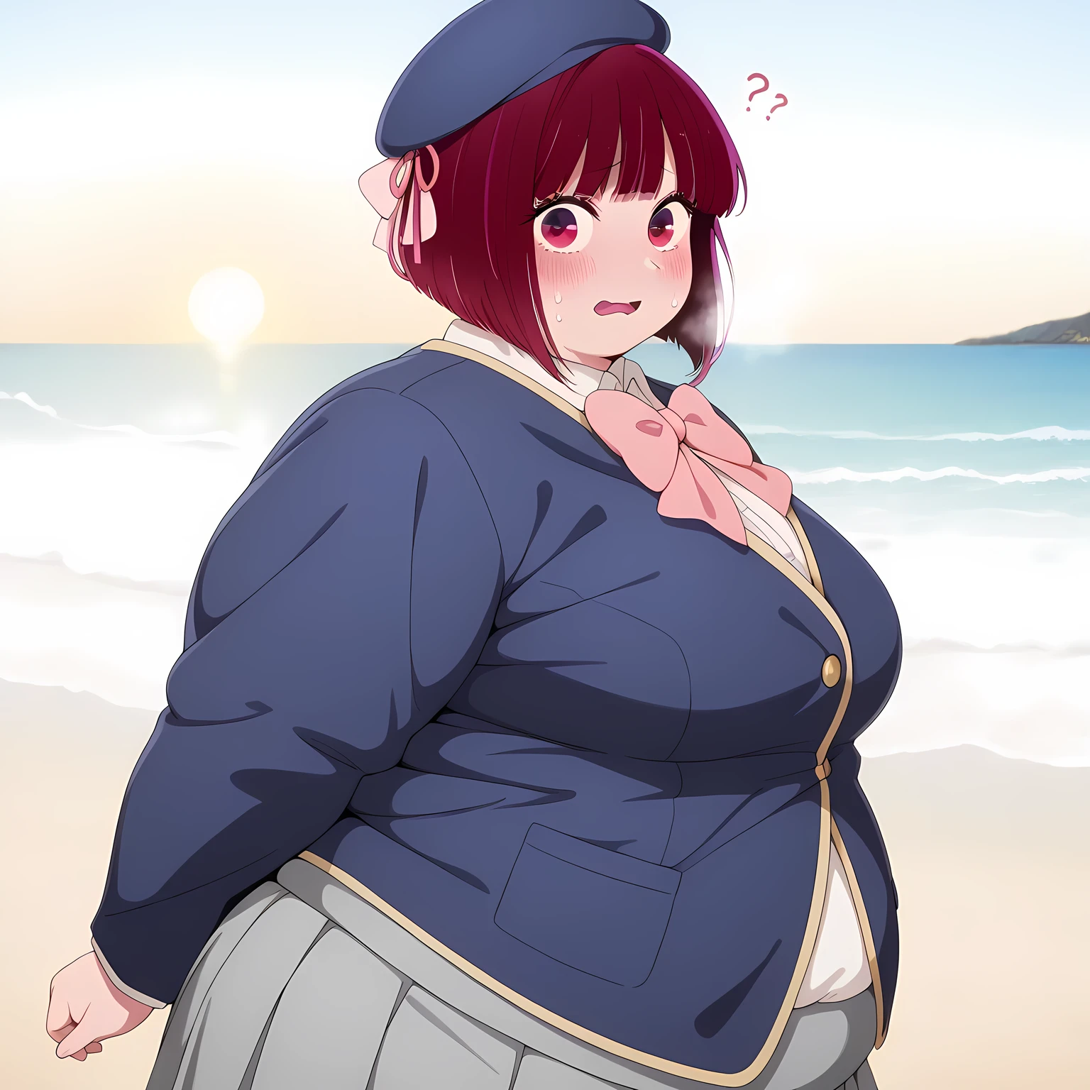 masterpiece, best quality, amazing quality,,  kana arima, short hair, bangs, red eyes, red hair, bob cut, breasts, anime screencap, skirt, long sleeves, hat, bow, school uniform, jacket, pink bow, grey skirt, blue headwear,, beach, sand, waves, sun, ocean, , leaning forward, looking at viewer, solo,, cowboy shot, solo fbulging belly, fat, chubby, obese, open mouth, out of breath, absurdres, highres icon, rating:General, confused, blush, {flustered}, nervous sweating, portrait,, averting eyes, [looking away], straight-on, from side, swollen face, masterpiece, best quality, ultra-detailed, high resolution, 8K, 