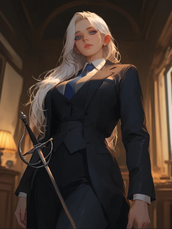 (masterpiece, best quality:1.2), cowboy shot, solo, 1girl, weissvale, looking at viewer, hand on hip, ponytail, scar on eye, skirt suit, (((three-piece suit))), necktie, blazer, (((suit jacket))), (((waistcoat))), double-breasted waistcoat, bodycon miniskirt, pencil skirt, tie clip, pocket square, pocket watch, pantyhose, high heels, earrings, sloppy. sloppy fellatio. fellatio. saliva